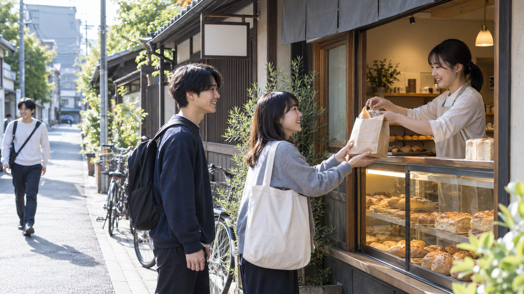 京都の学生街にあるパン屋でパンを購入する日本人学生
