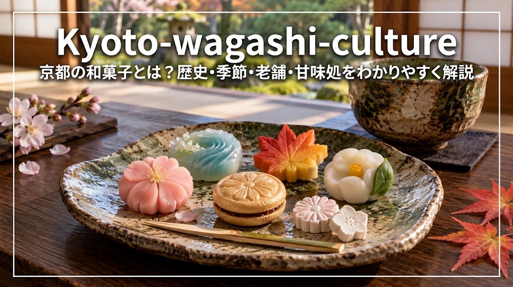 京都の庭園を背景に四季の上生菓子と抹茶を並べた京菓子