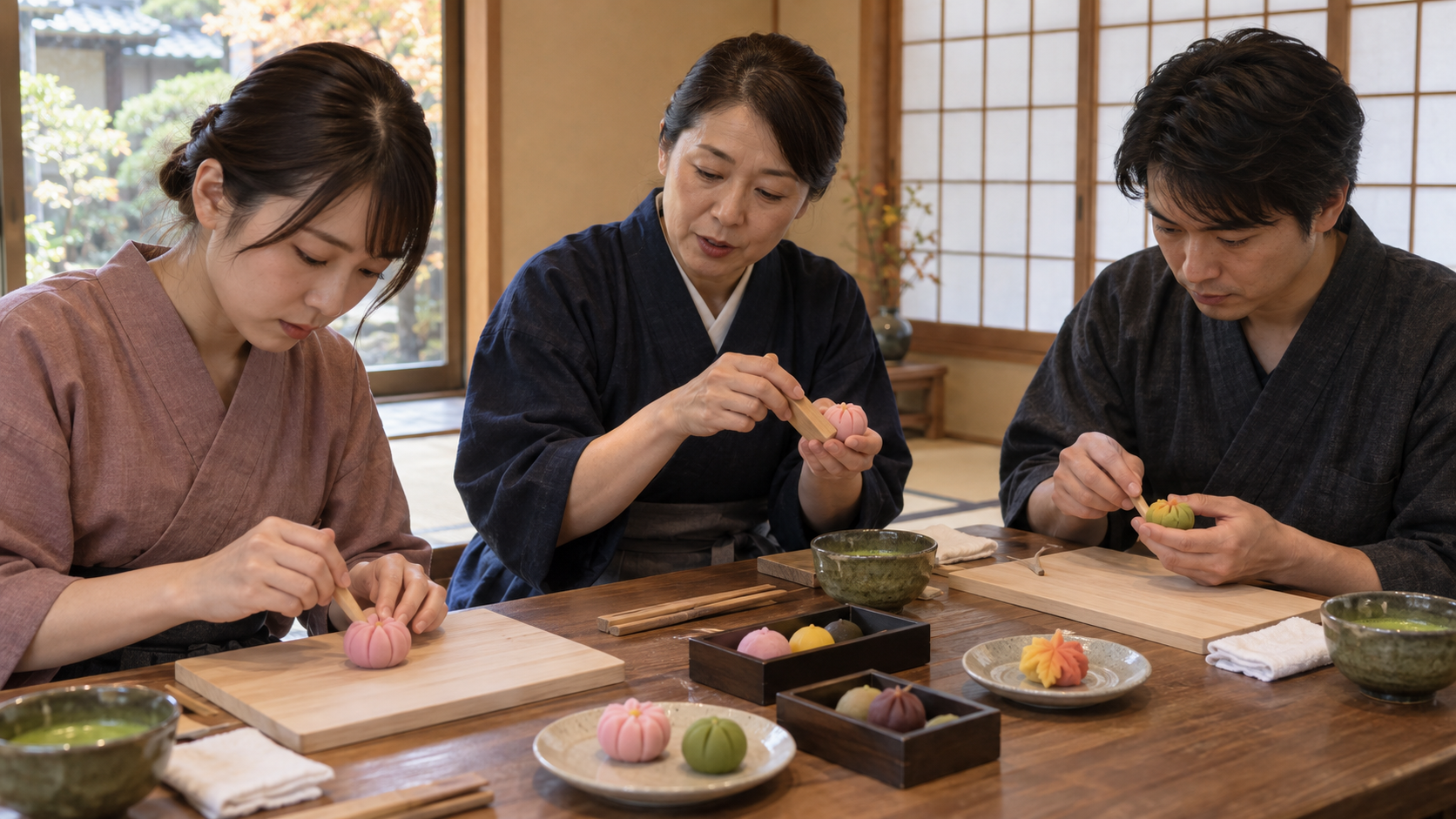 京都の町家で日本人講師から上生菓子作りを学ぶ参加者