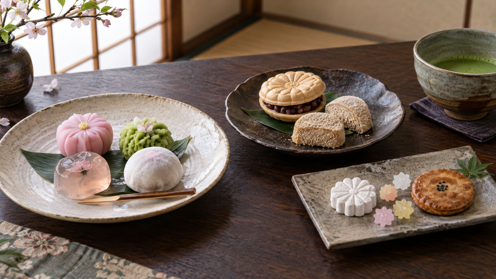 生菓子・半生菓子・干菓子を器に並べた京都の京菓子