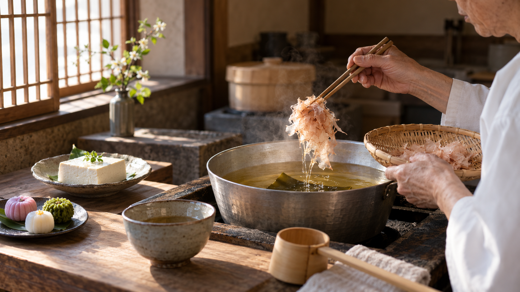 京都の水で出汁を取る職人と豆腐・和菓子・茶