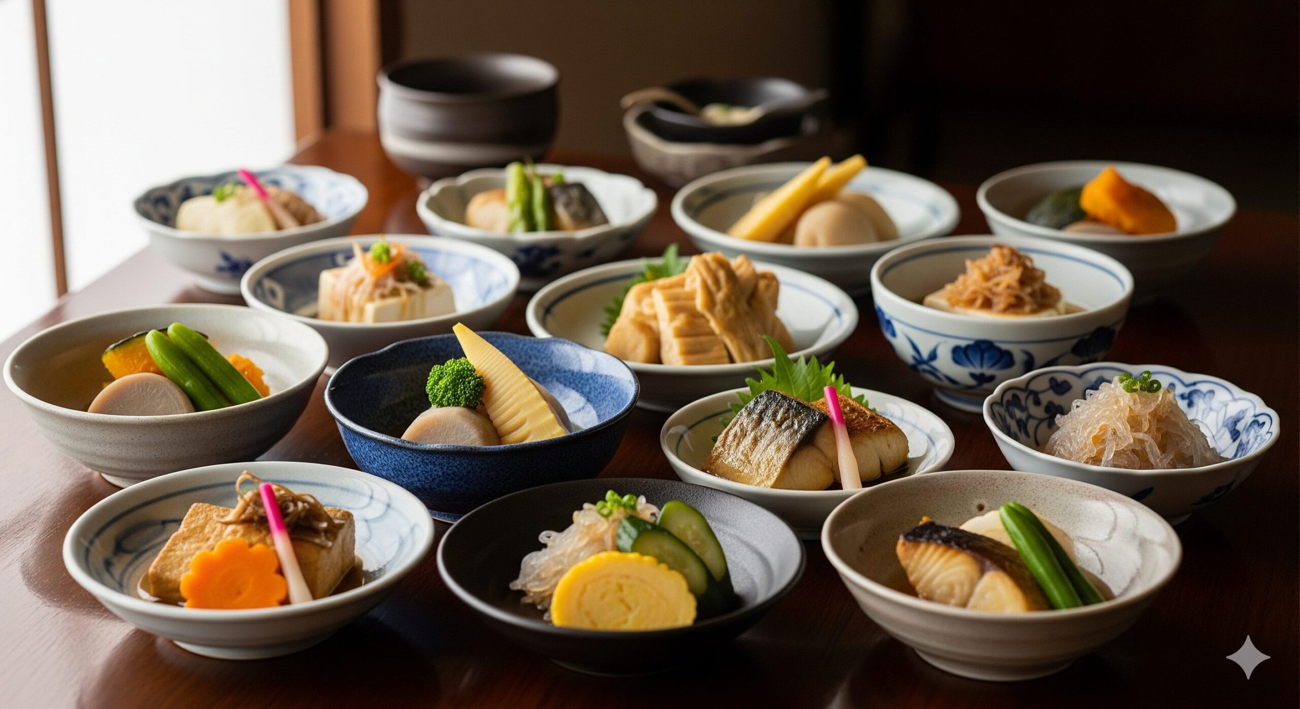 色とりどりの京都おばんざいが並んだ食卓。煮物や和え物などの小鉢が木のテーブルに美しく配置されている様子。