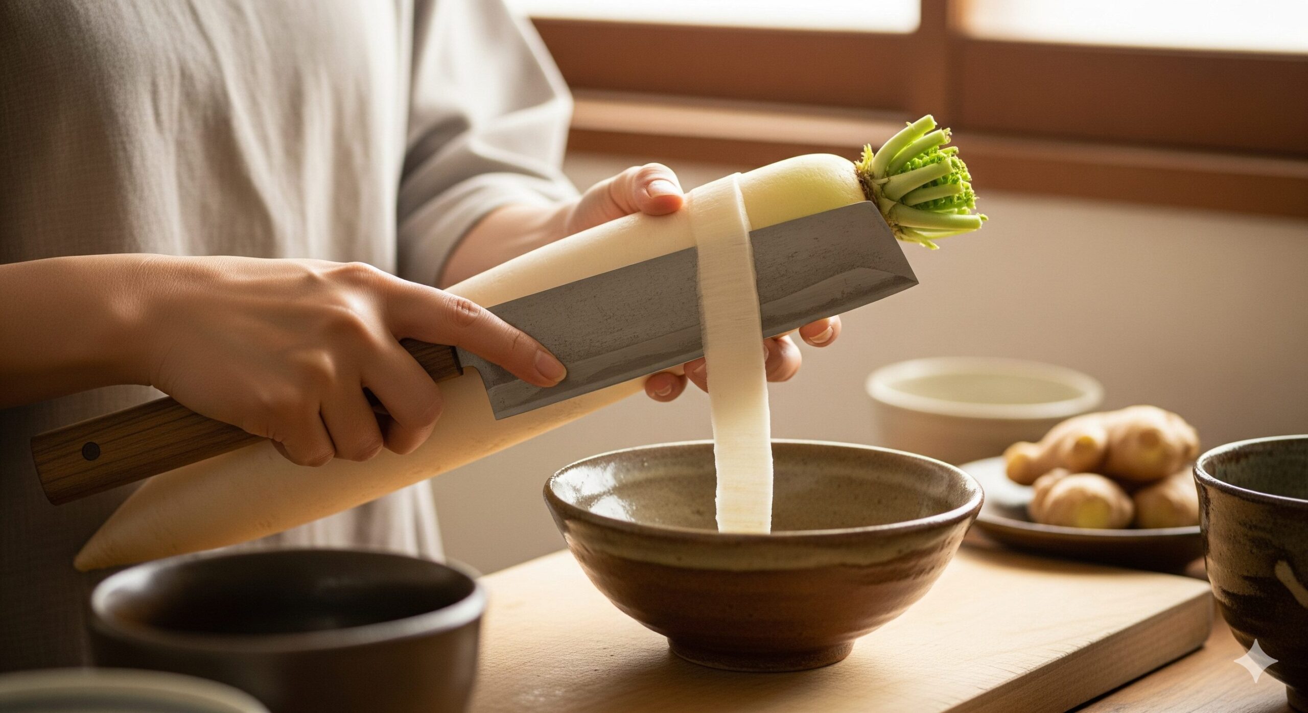 日本の伝統的な台所で、女性の手が丁寧に大根の皮を剥いている様子。しまつの心を象徴する一枚。 