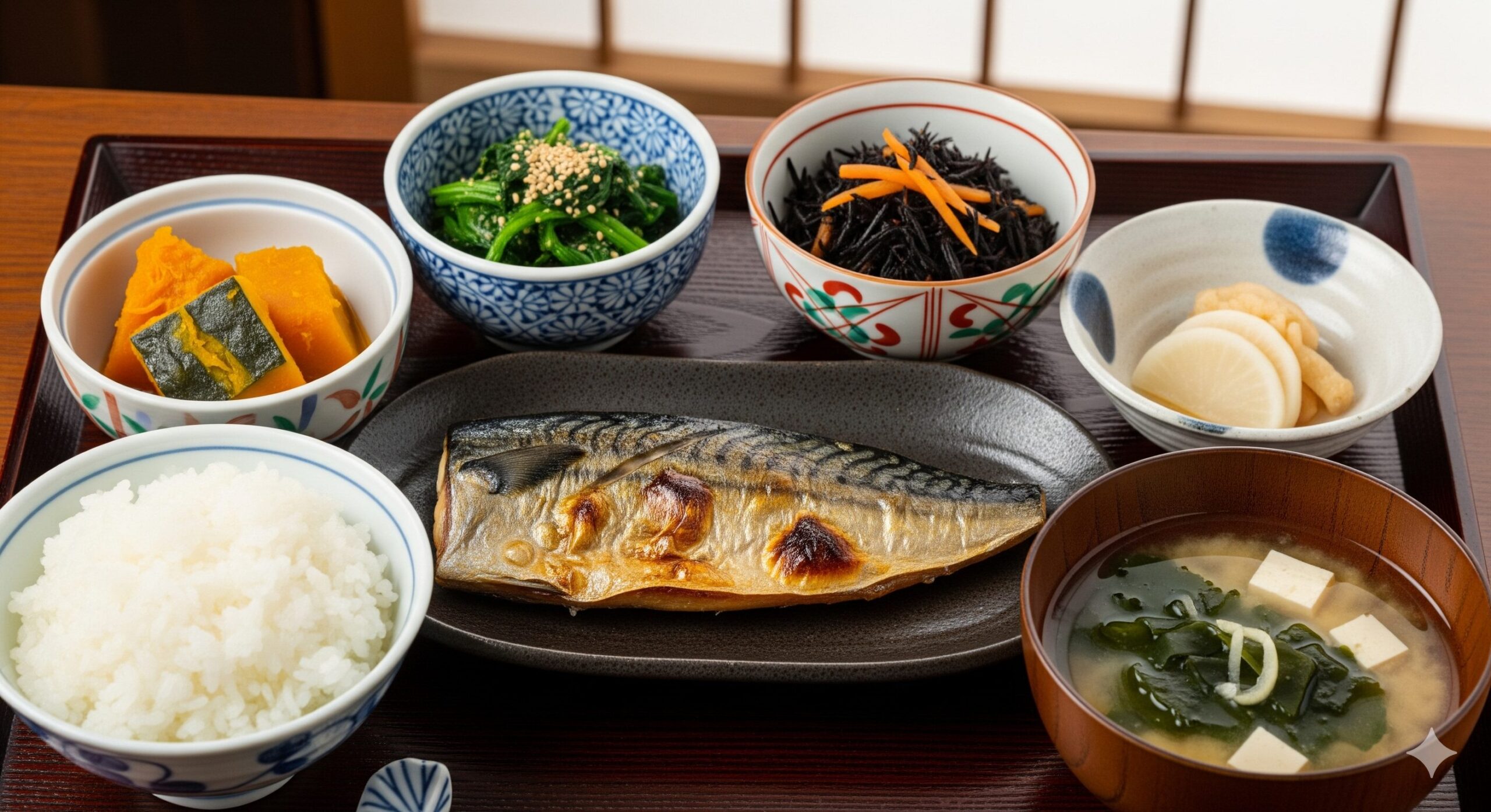 京都おばんざいランチセット。焼き魚を主菜に、かぼちゃの煮物やほうれん草の胡麻和えなど色とりどりの小鉢が並んでいる