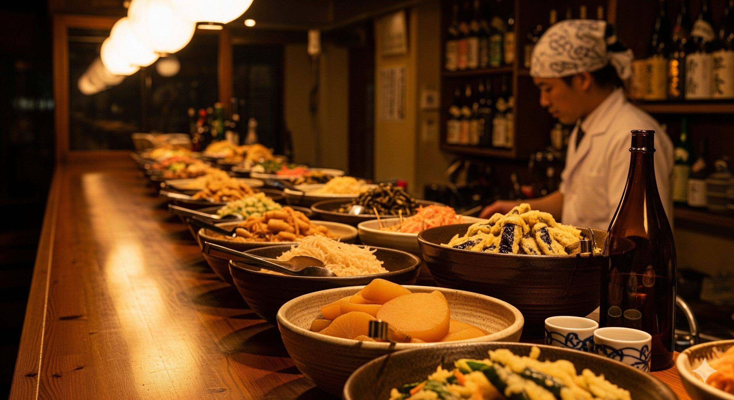 京都のおばんざい居酒屋の温かい雰囲気の店内。カウンターには大鉢に盛られたおばんざいが並び、日本酒が置かれている。