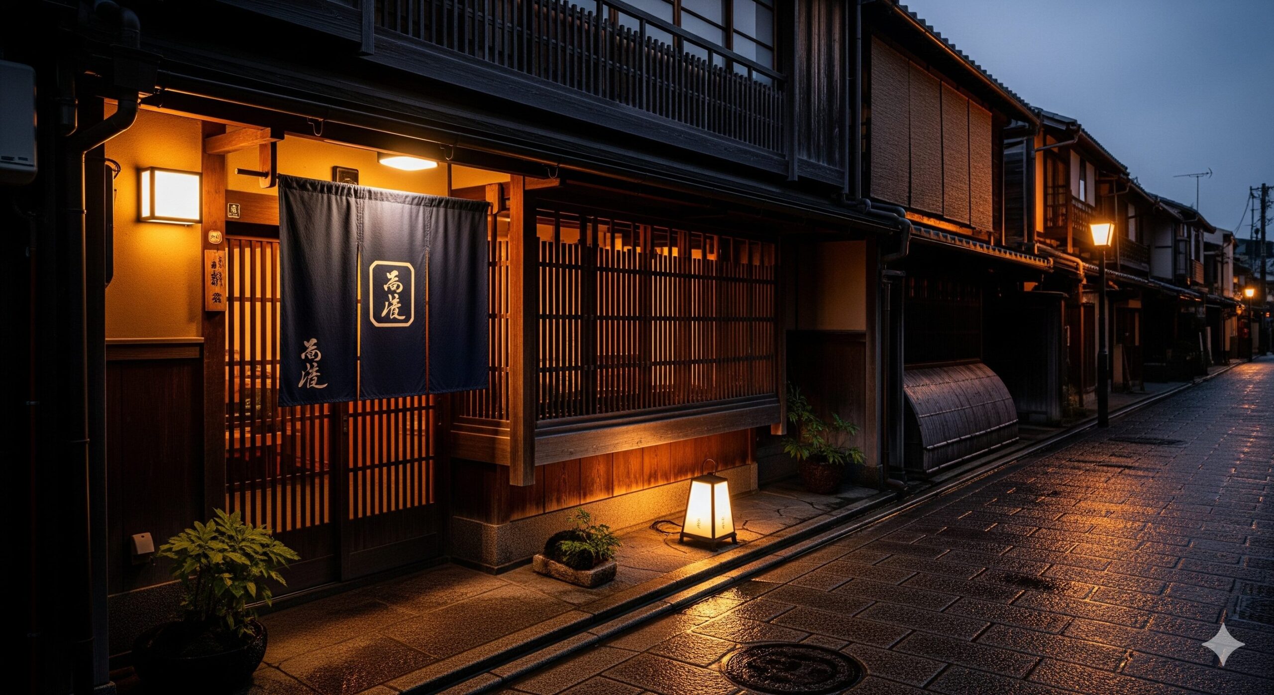 京都の静かな路地に佇む老舗おばんざい店の歴史を感じさせる外観。木造の建物に藍色の暖簾がかかっている。