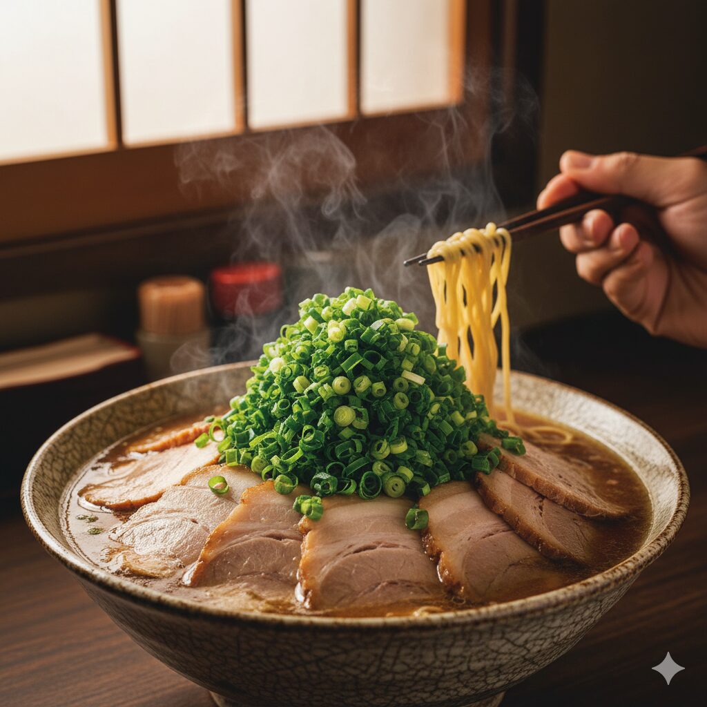 湯気が立ち上る京都ラーメン。濃い醤油色のスープに中細ストレート麺、薄切りチャーシュー、そして山盛りの九条ねぎが特徴的で、箸で麺を持ち上げている様子が写っています。