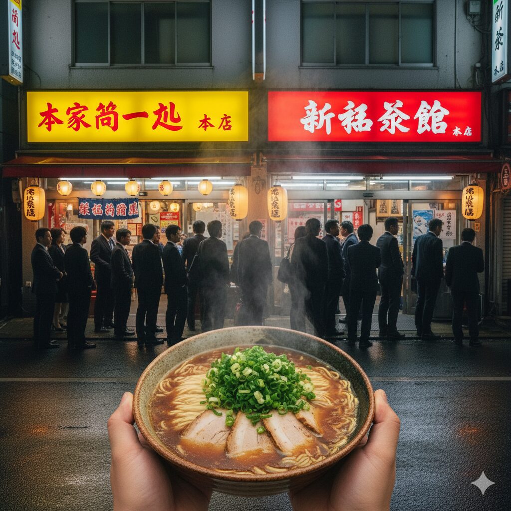 京都駅近くの「たかばし」エリアに並び立つ「本家第一旭」と「新福菜館本店」の店舗外観。早朝から多くの客が行列を作っており、手前には湯気を立てるラーメンの丼が強調されています。