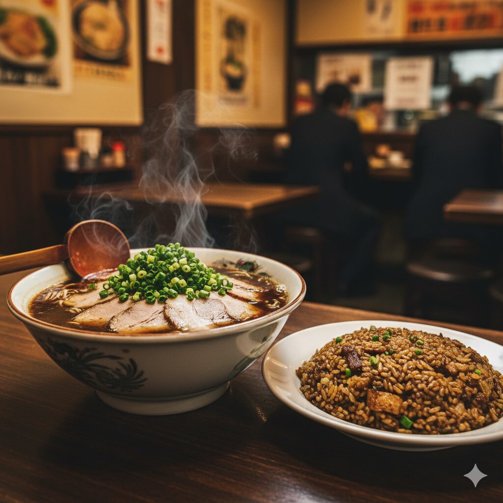 「新福菜館」の象徴である真っ黒な醤油ラーメンとヤキメシのセット。ラーメンは濃いスープに九条ねぎとチャーシューが乗り、ヤキメシは黒いご飯が特徴的で、京都ラーメンの長い歴史を感じさせる雰囲気です。 