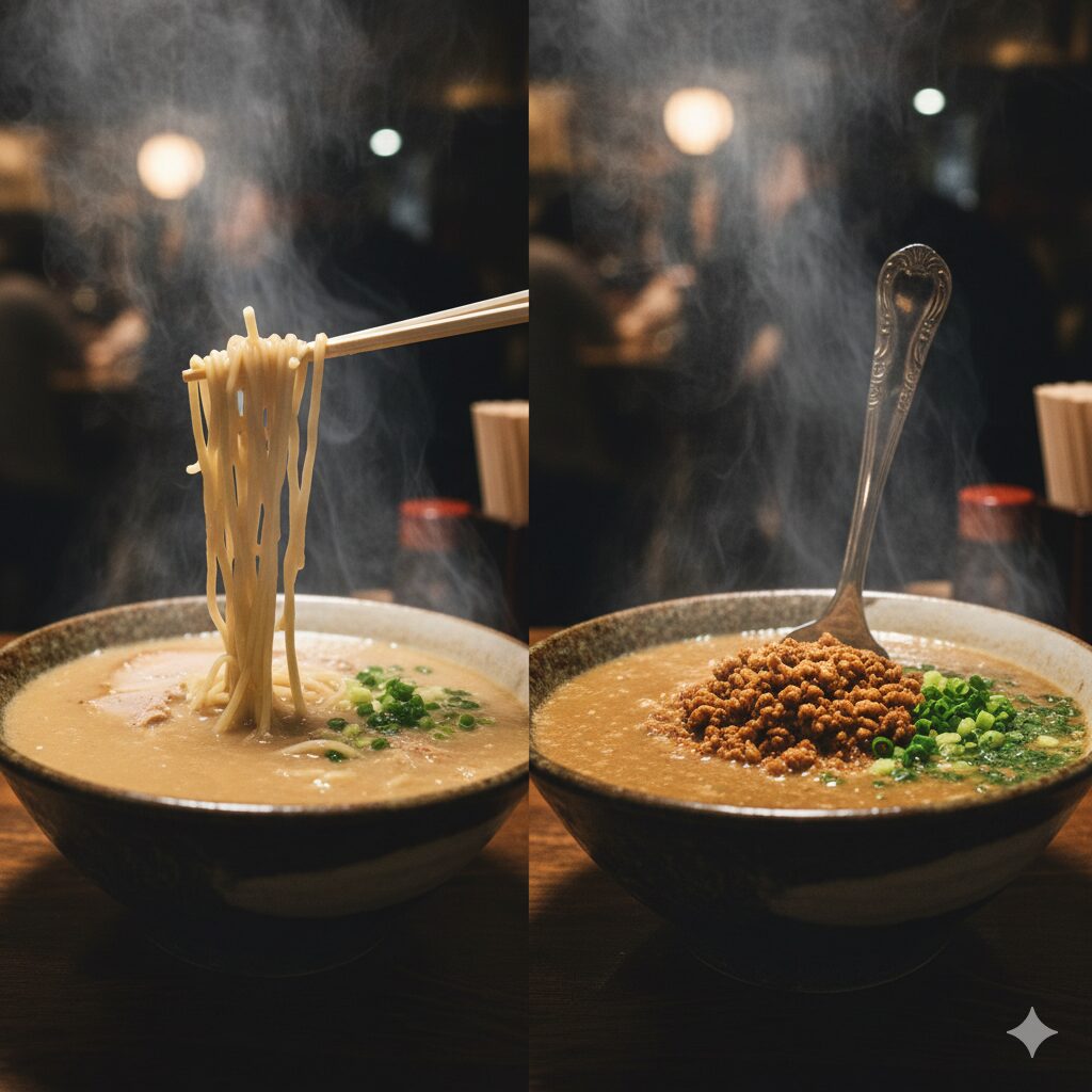「天下一品」のこってりラーメンと「麺屋極鶏」の「鶏だく」ラーメンの比較。天下一品はポタージュ状のスープに麺が絡み、極鶏はレンゲが立つほどの超濃厚な鶏白湯スープが特徴で、それぞれのラーメンが湯気を立てています。
