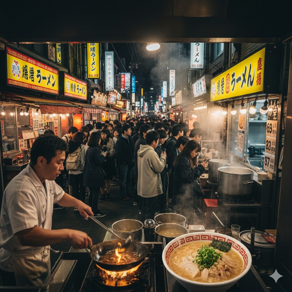 夜の一乗寺ラーメン激戦区の活気ある様子。軒を連ねるラーメン店の黄色い看板が光り、多くの人々が行列を作り、店先ではラーメン職人が鍋を振るって調理しています。