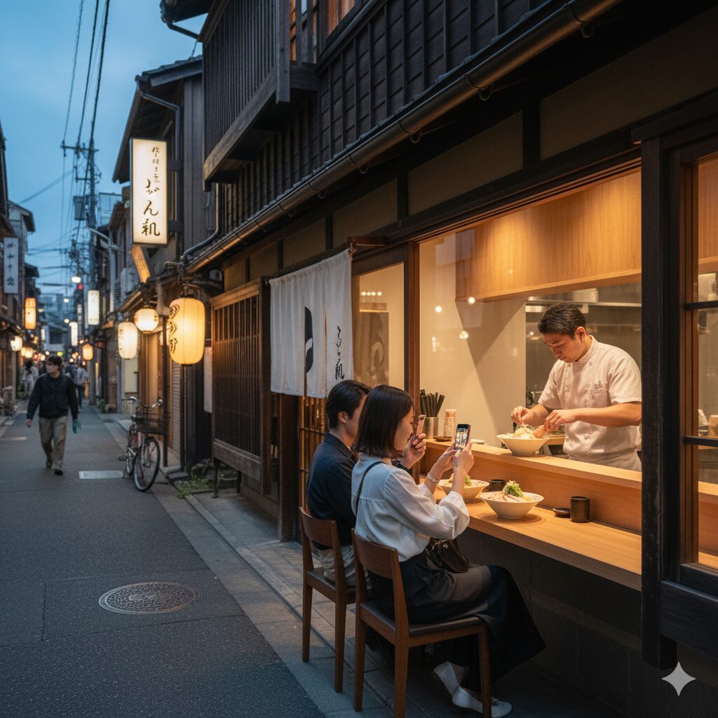 河原町エリアの京都らしい町並みに溶け込むラーメン店の外観。ガラス越しに店内でラーメンを作る職人と、カウンター席でラーメンを撮影する客が写っており、夜の街灯が雰囲気を醸し出しています。