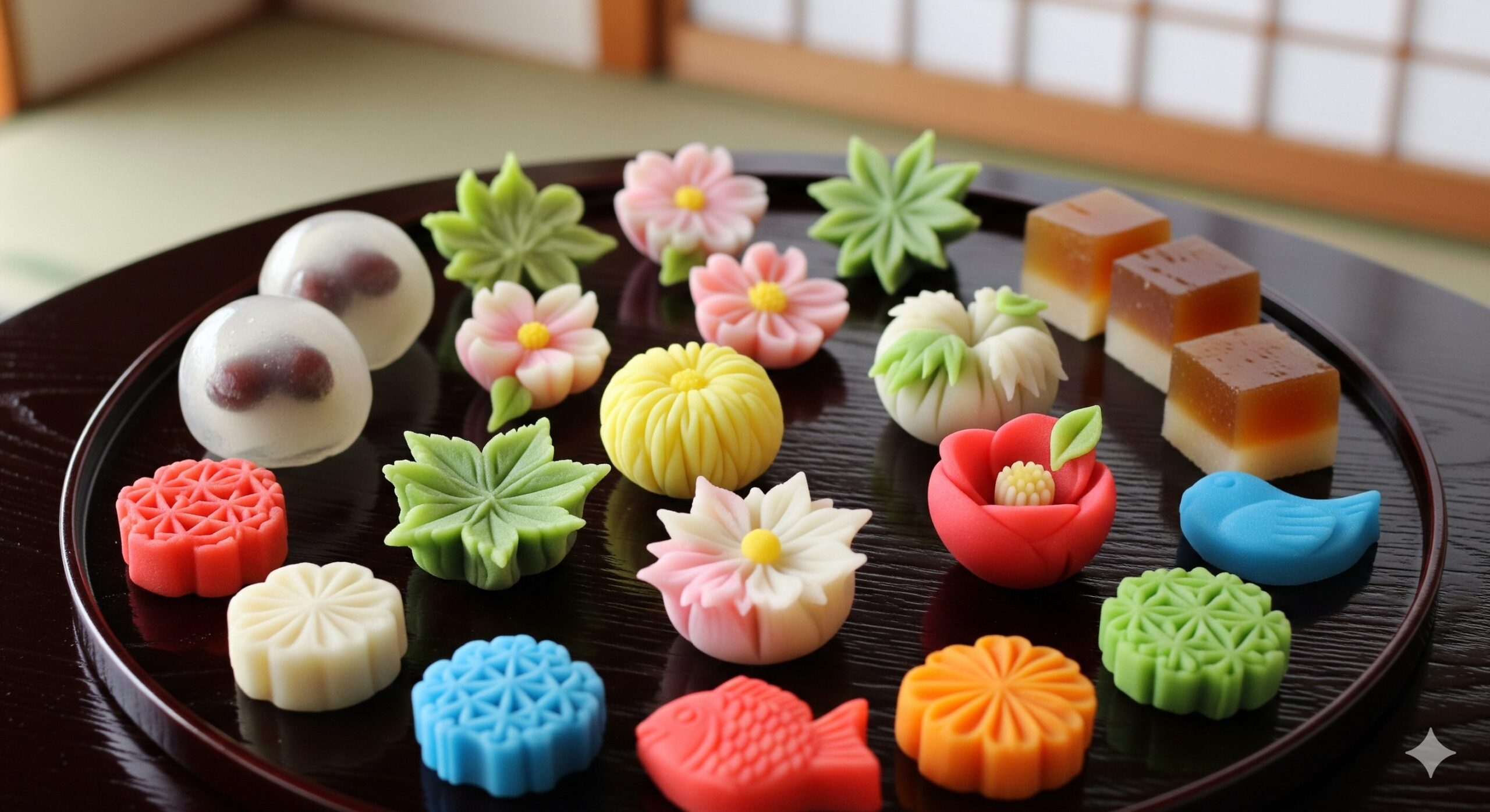 色とりどりの美しい京菓子が上品に並べられている様子。京都の和菓子の多様性と芸術性を象徴している。