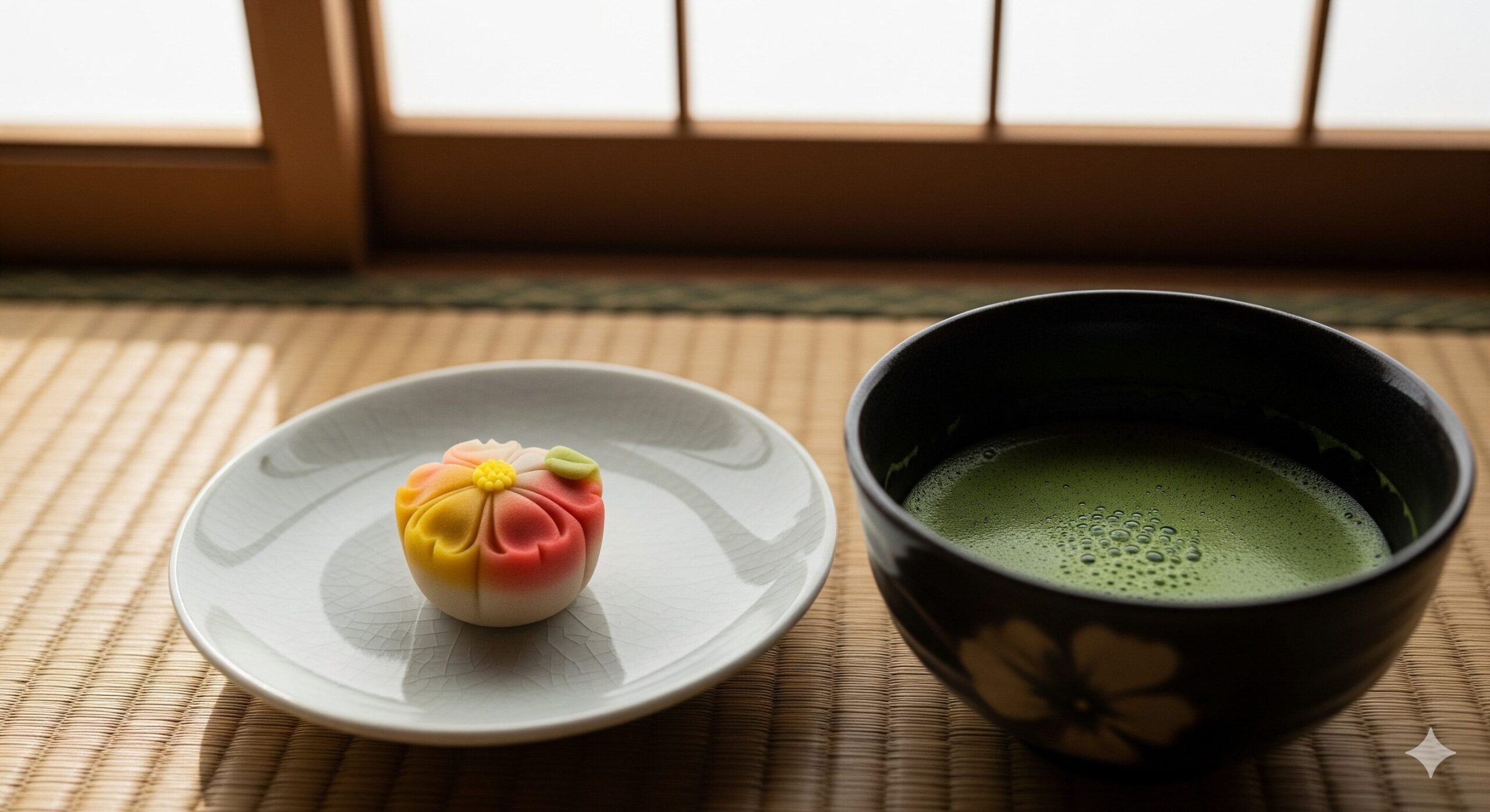 静かな茶室で、抹茶と美しい京菓子がセットで提供されている。和菓子とお茶の伝統的なペアリングを示している。