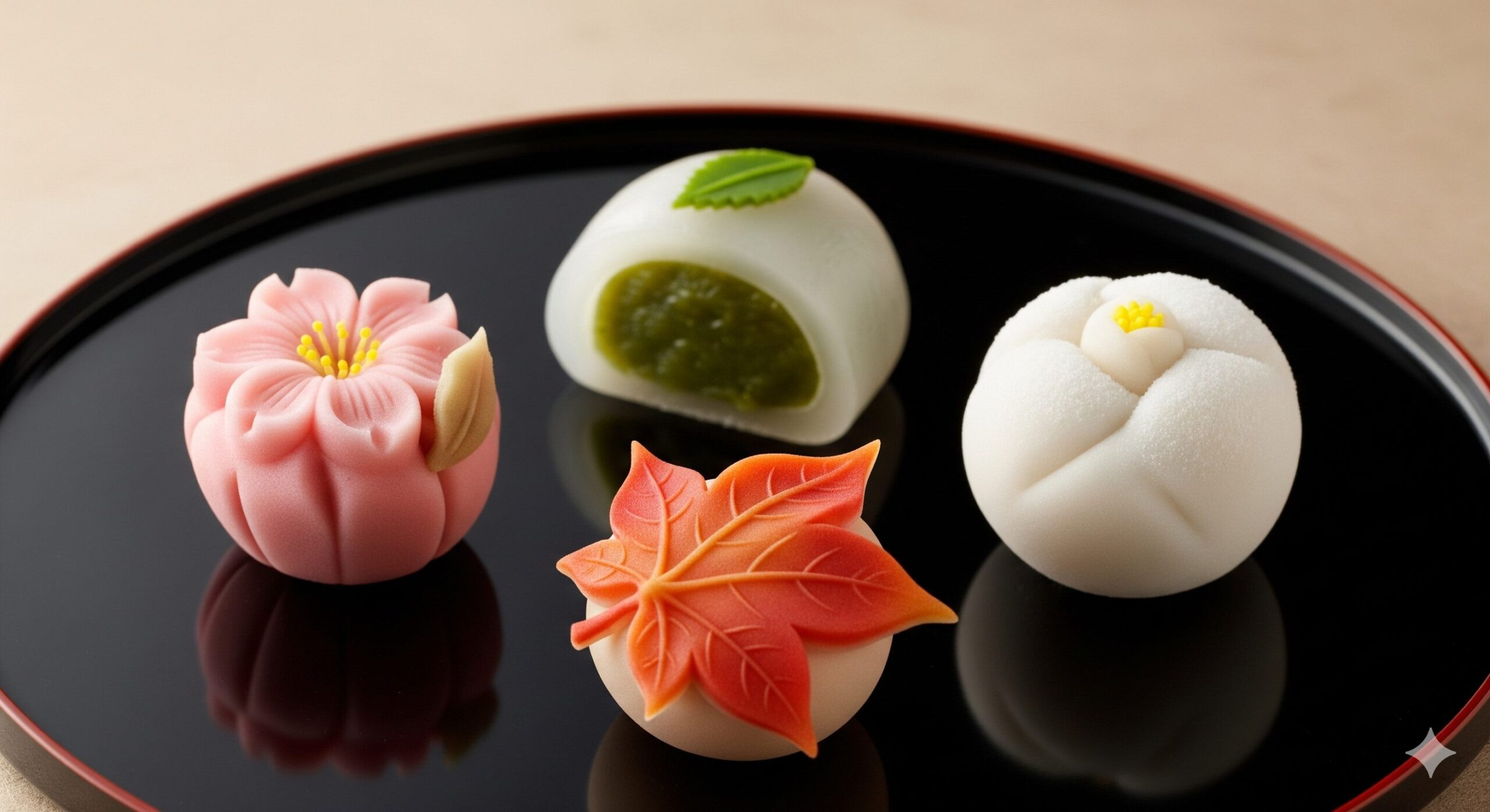 春の桜、夏の涼、秋の紅葉、冬の雪を表現した4種類の京菓子。京都の和菓子が映し出す四季の美しさ。