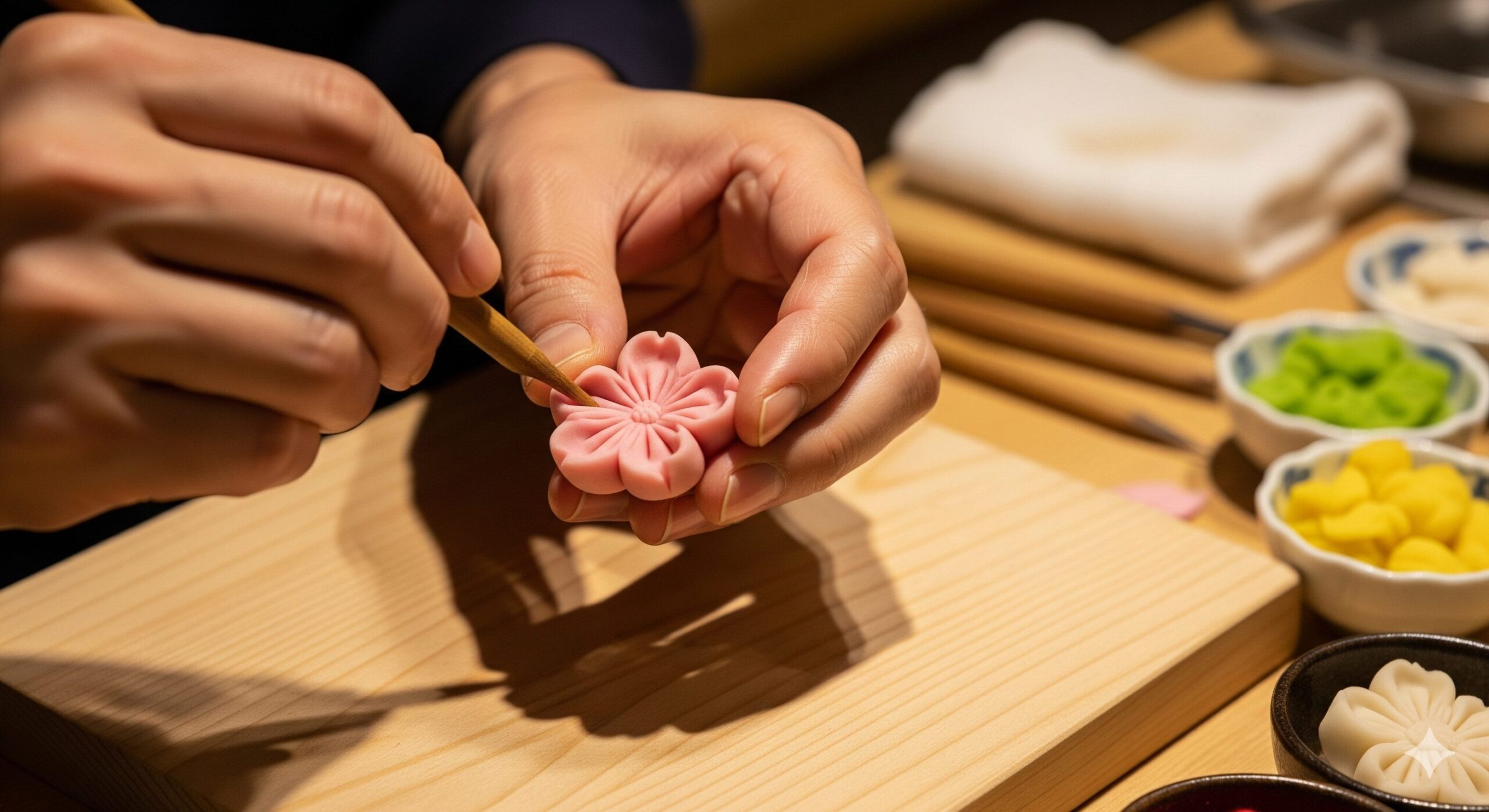 日本の和菓子職人が、繊細な練り切り（生菓子）を丁寧に手作りしている様子。京菓子の高度な技術と芸術性。