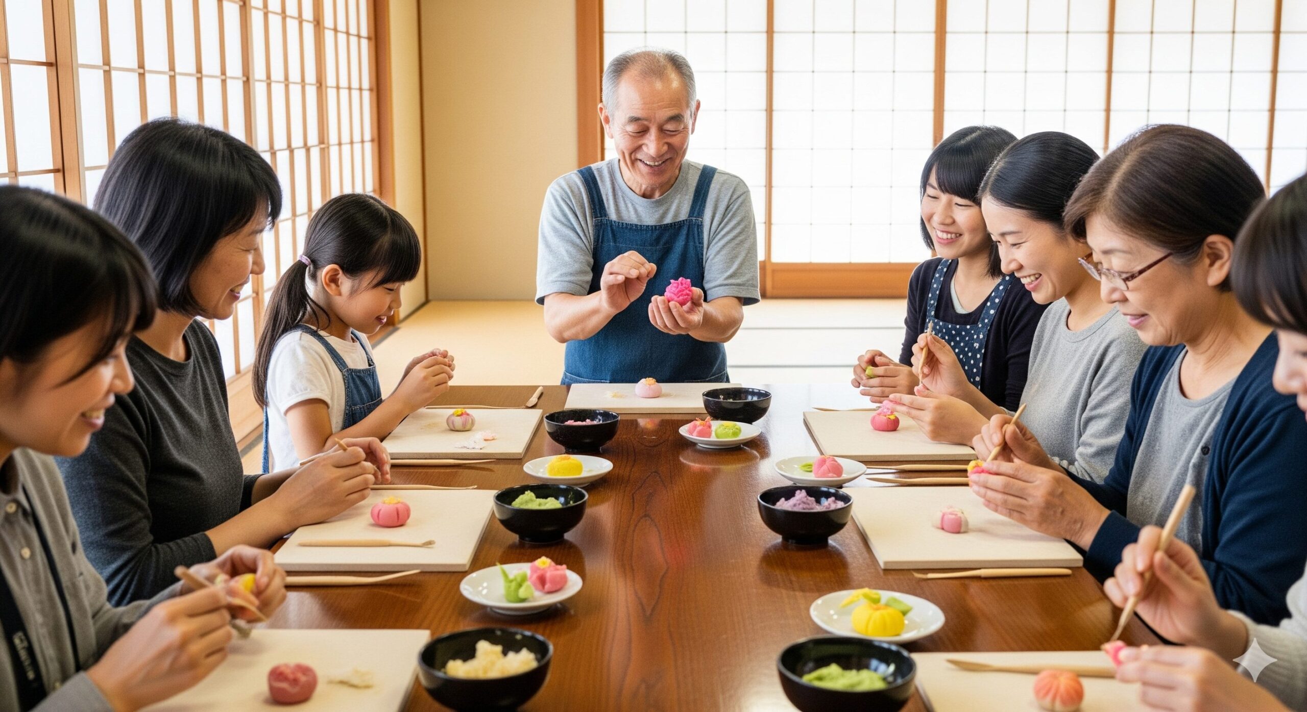 京都の和菓子作り体験教室で、参加者が笑顔で職人から教わっている様子。旅の楽しい思い出作り。