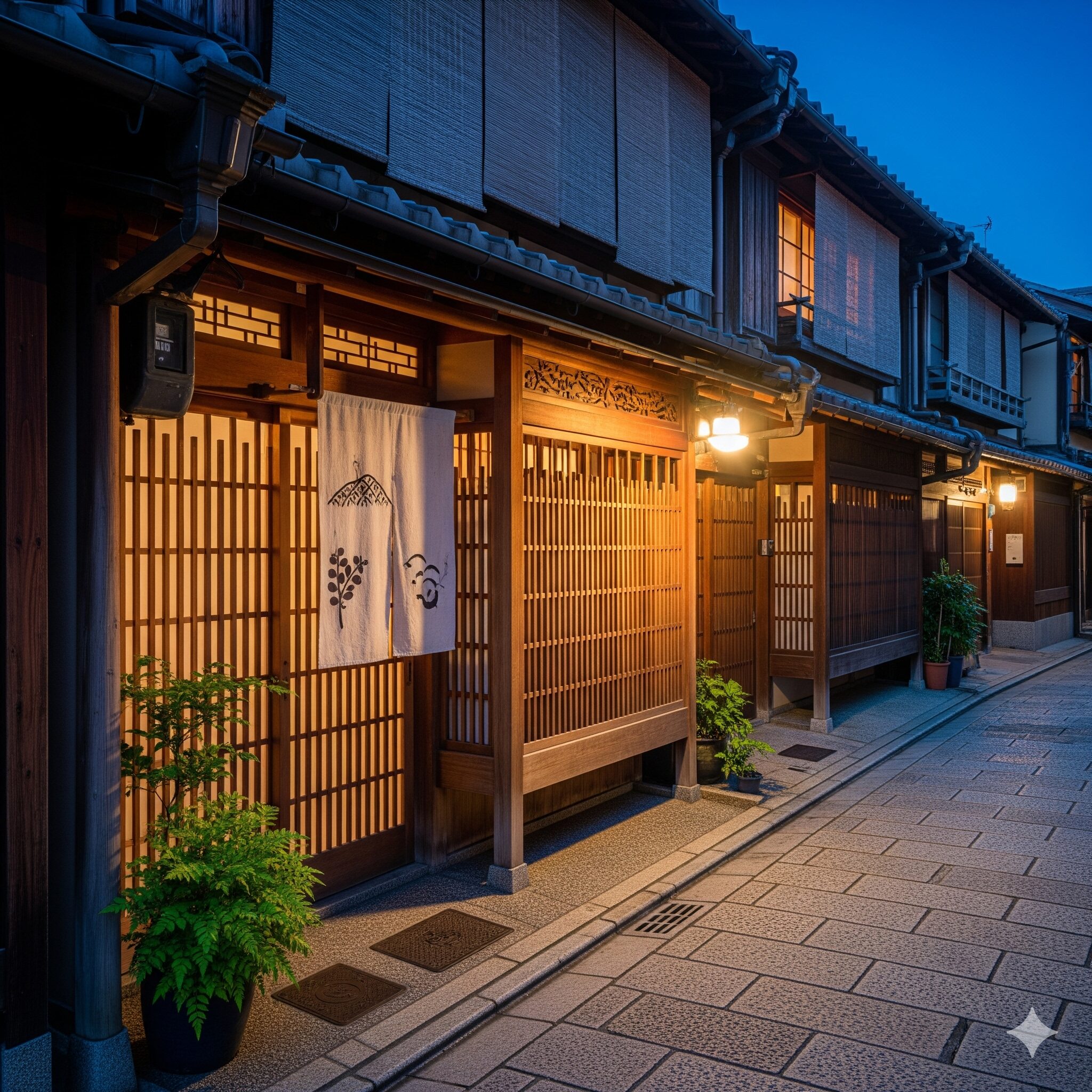 京都の伝統的な通りに美しく連なる京町家の格子戸の町並み