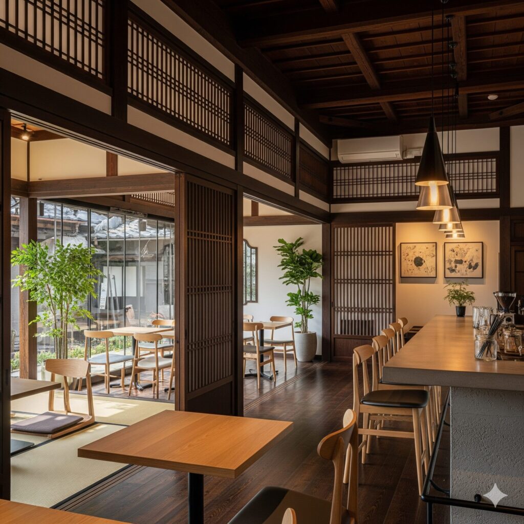 京町家を改装したおしゃれなカフェの内部。格子戸がモダンな内装に活かされている。