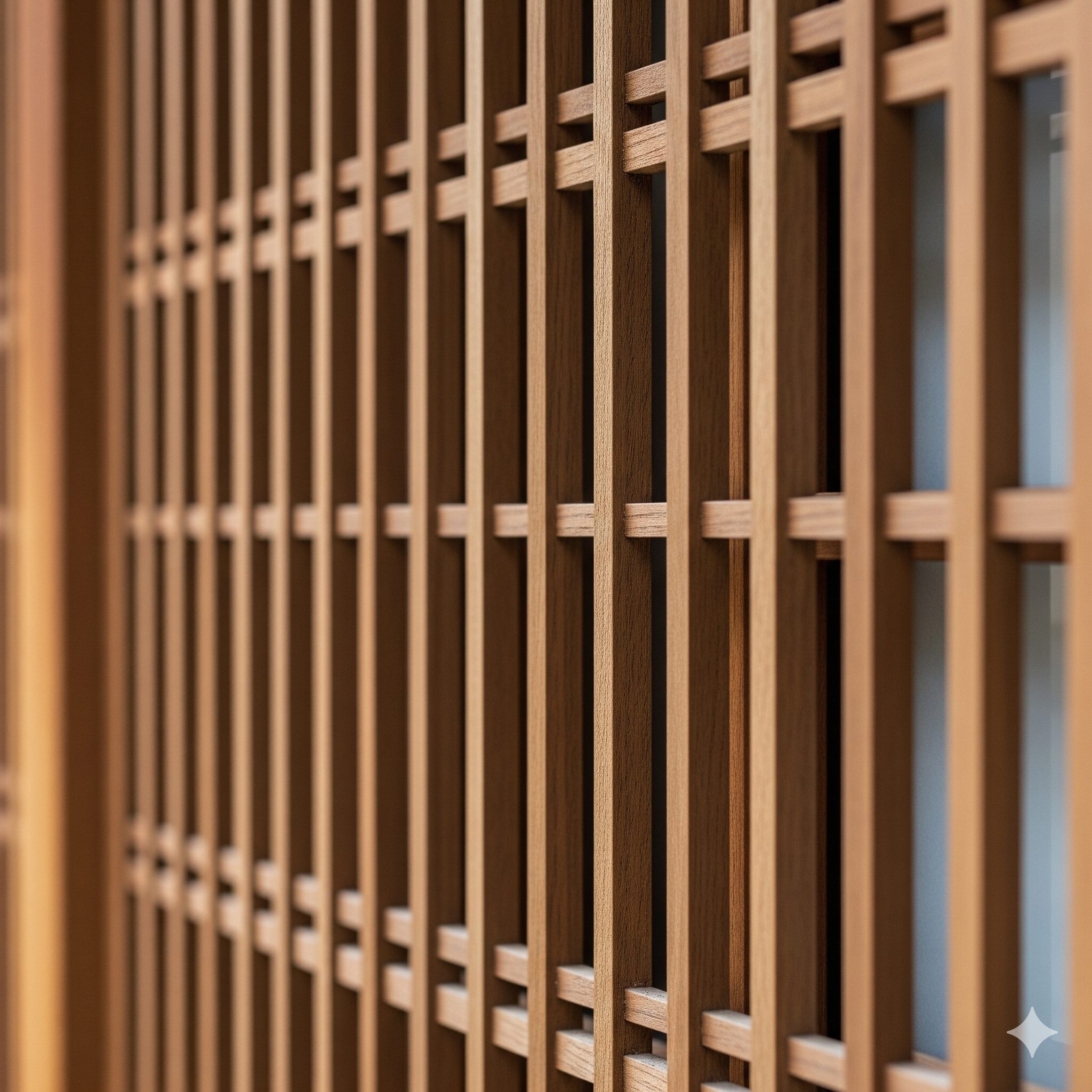 京町家の特徴的なデザインである糸屋格子の繊細な木工技術の接写