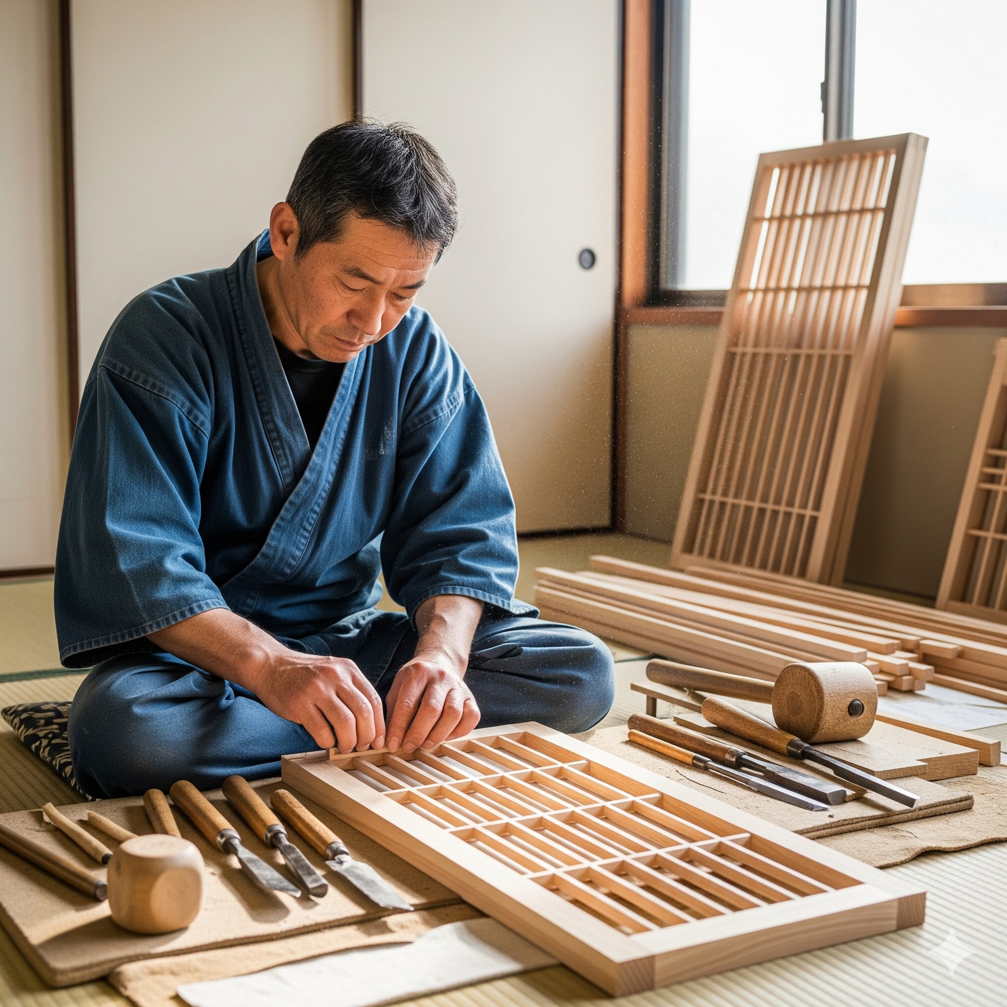 伝統的な工房で木製の格子戸を丁寧に組み立てる日本の建具職人
