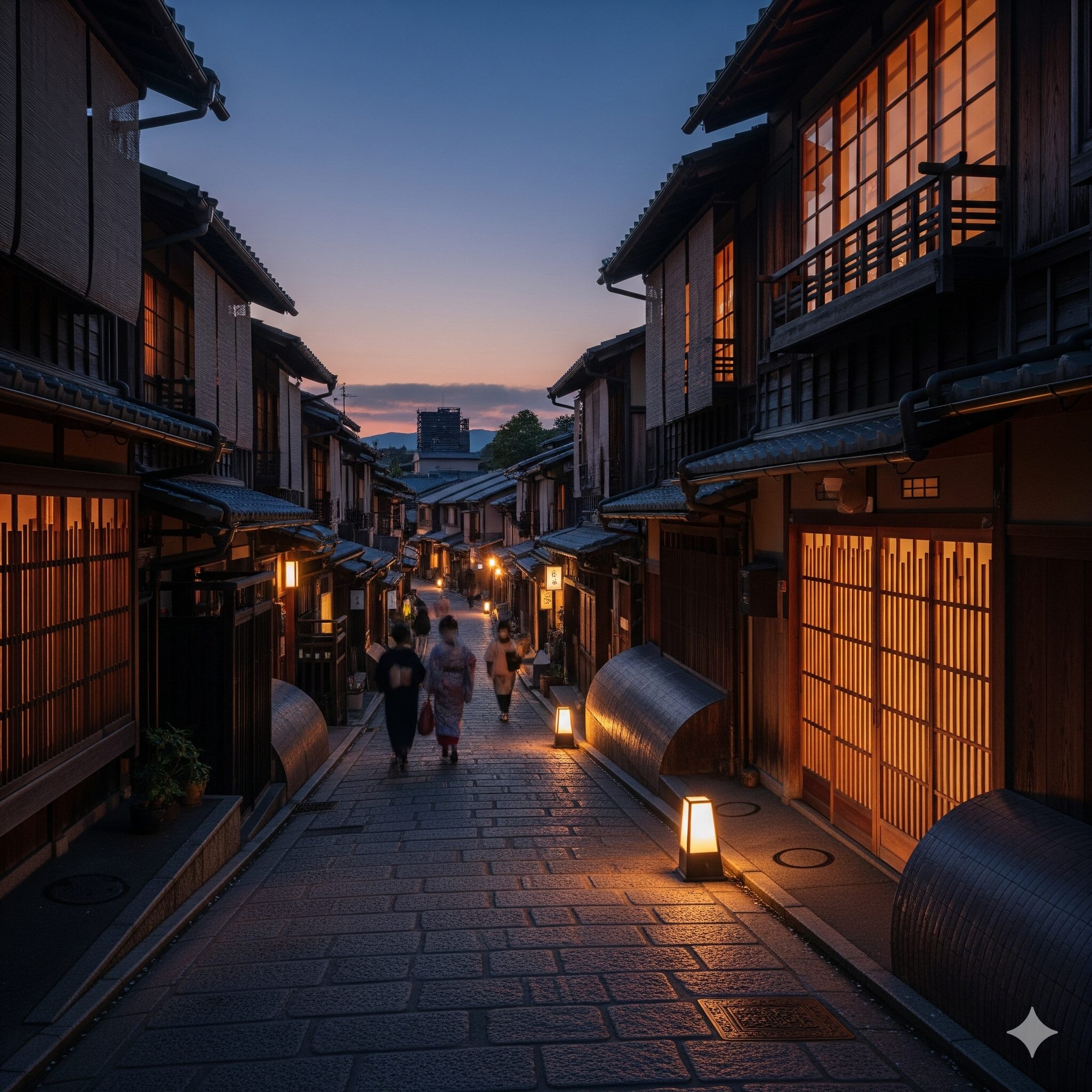 夕暮れの京都・祇園の町並み。京町家の格子戸から漏れる温かい光が美しい。
