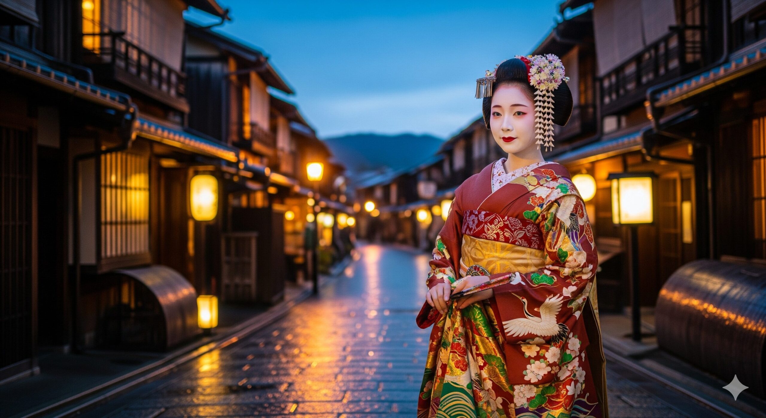 夕暮れの京都・花見小路に佇む美しい舞妓さんの全身像。