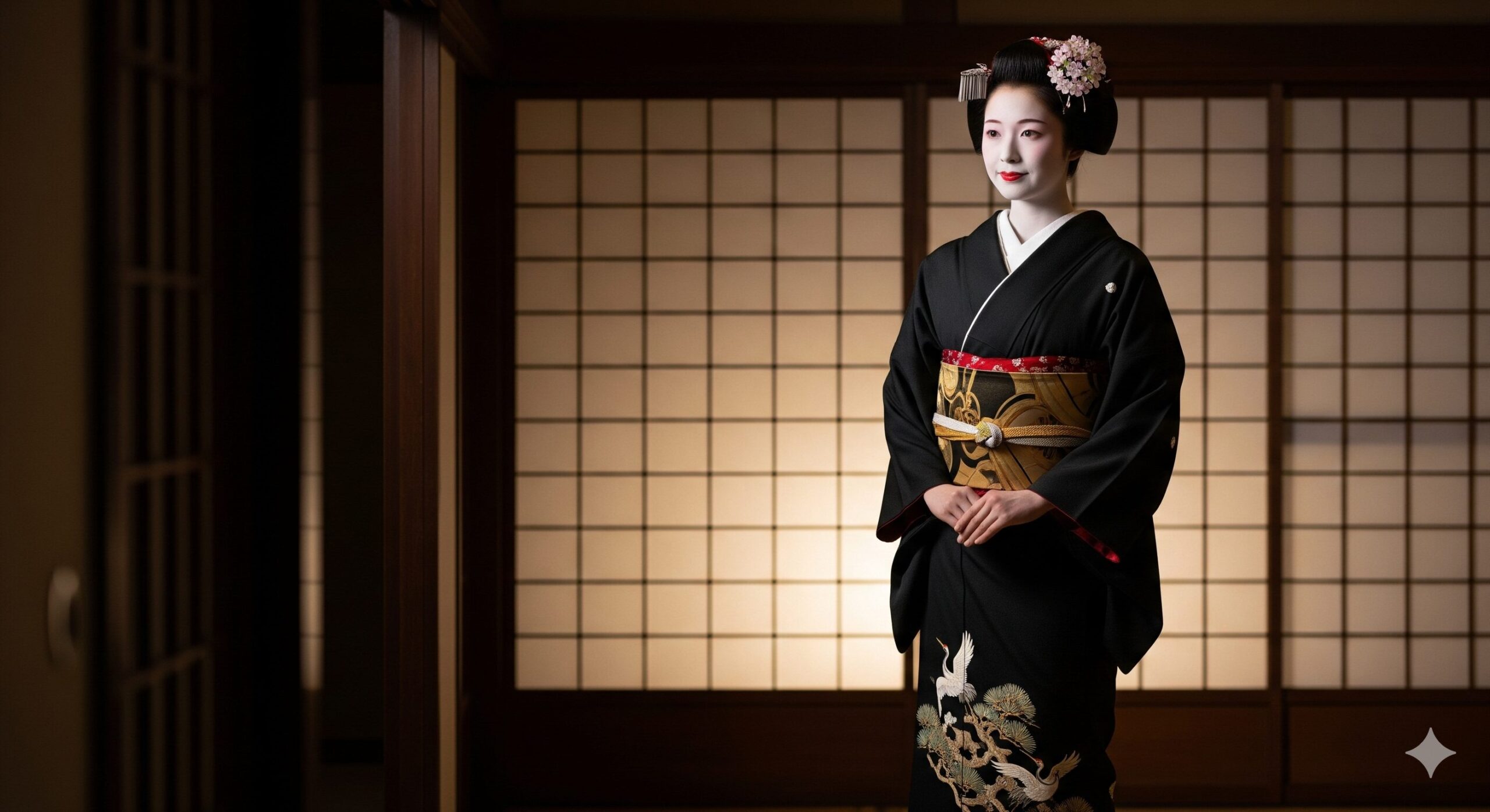 障子を背景に座す、粋な黒留袖をまとった芸妓さんの全身像。