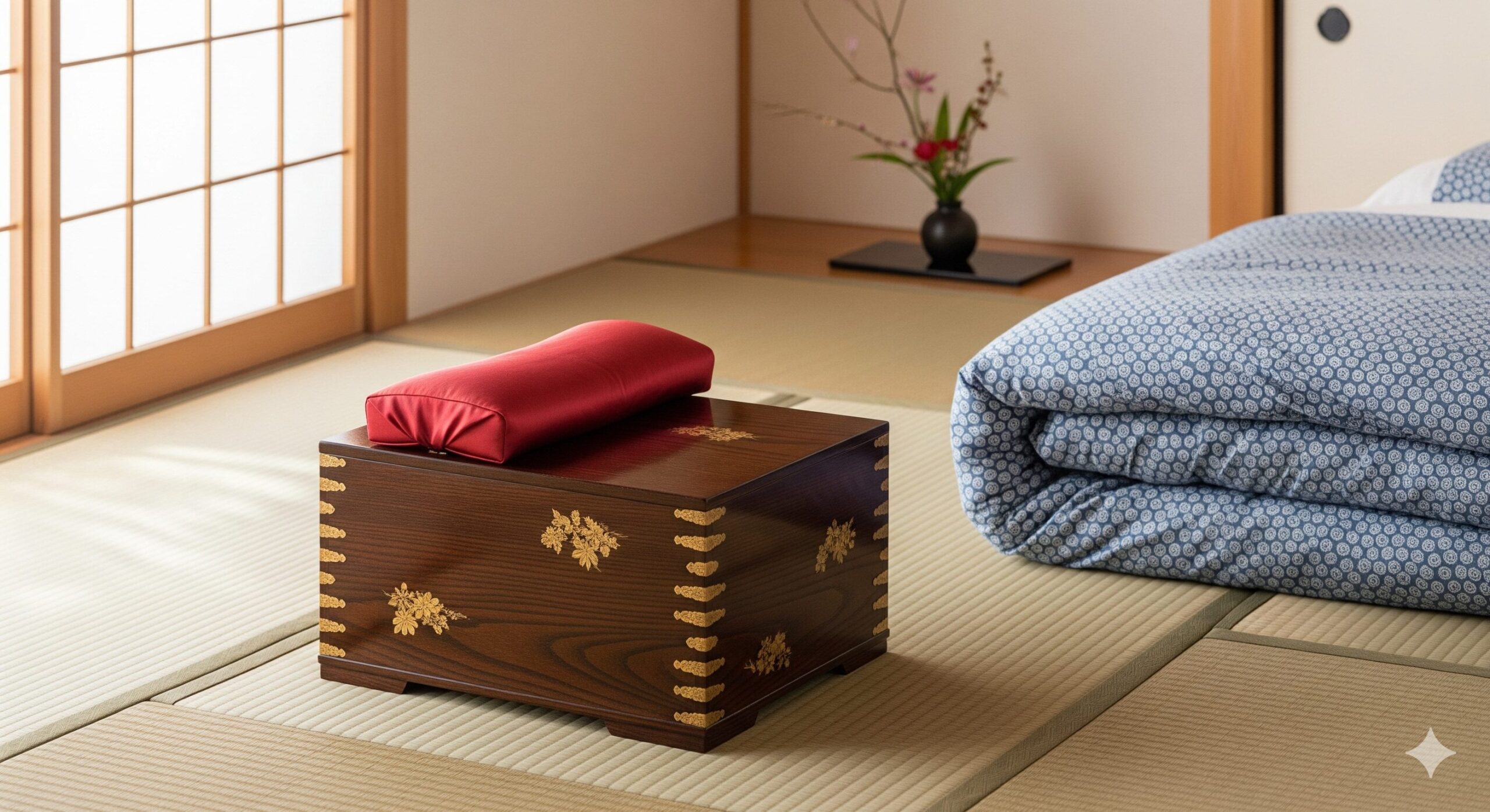畳の上に置かれた、舞妓さんが使う「高枕」。日本の伝統的な寝室の風景。
