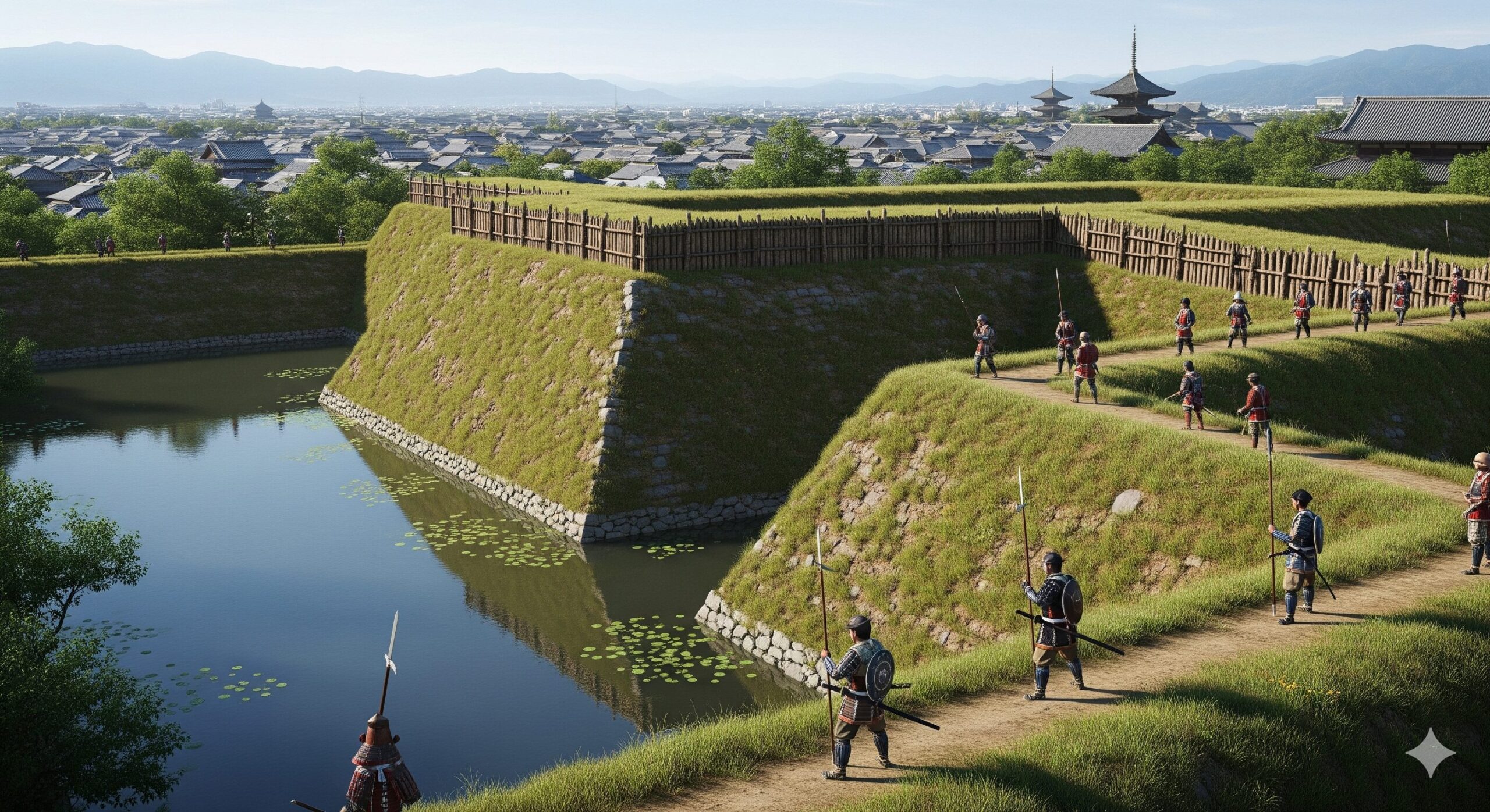 豊臣秀吉が築いた「御土居」の復元想像図。広々とした土塁が京都の街並みを囲み、その手前には水をたたえた堀が広がる。当時の人々の生活風景も遠景に見える。