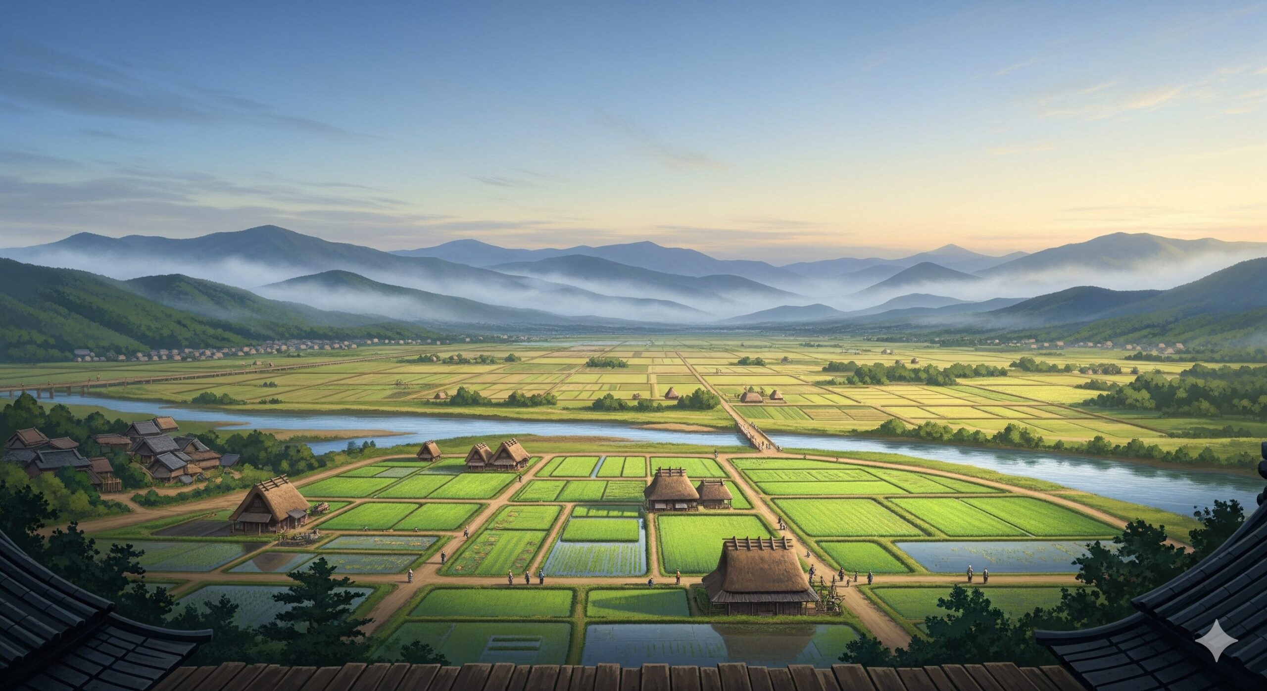 古代の京都で、豊かな水資源に恵まれた盆地を見下ろす平安貴族の視点から描かれた都市の風景。遠景には山々、手前には清らかな川が流れ、人々の営みが垣間見える。