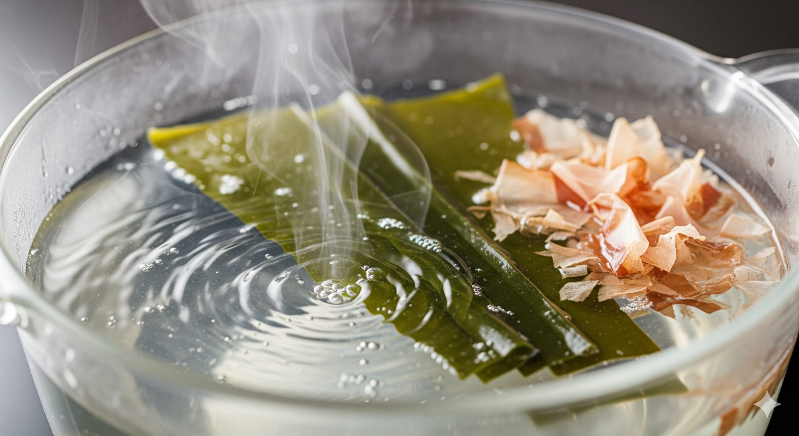 京料理の繊細な出汁を作るために、透明な軟水で昆布と鰹節から旨味を抽出している様子。湯気が立ち上る中で、丁寧に調理が進められている。 画像6