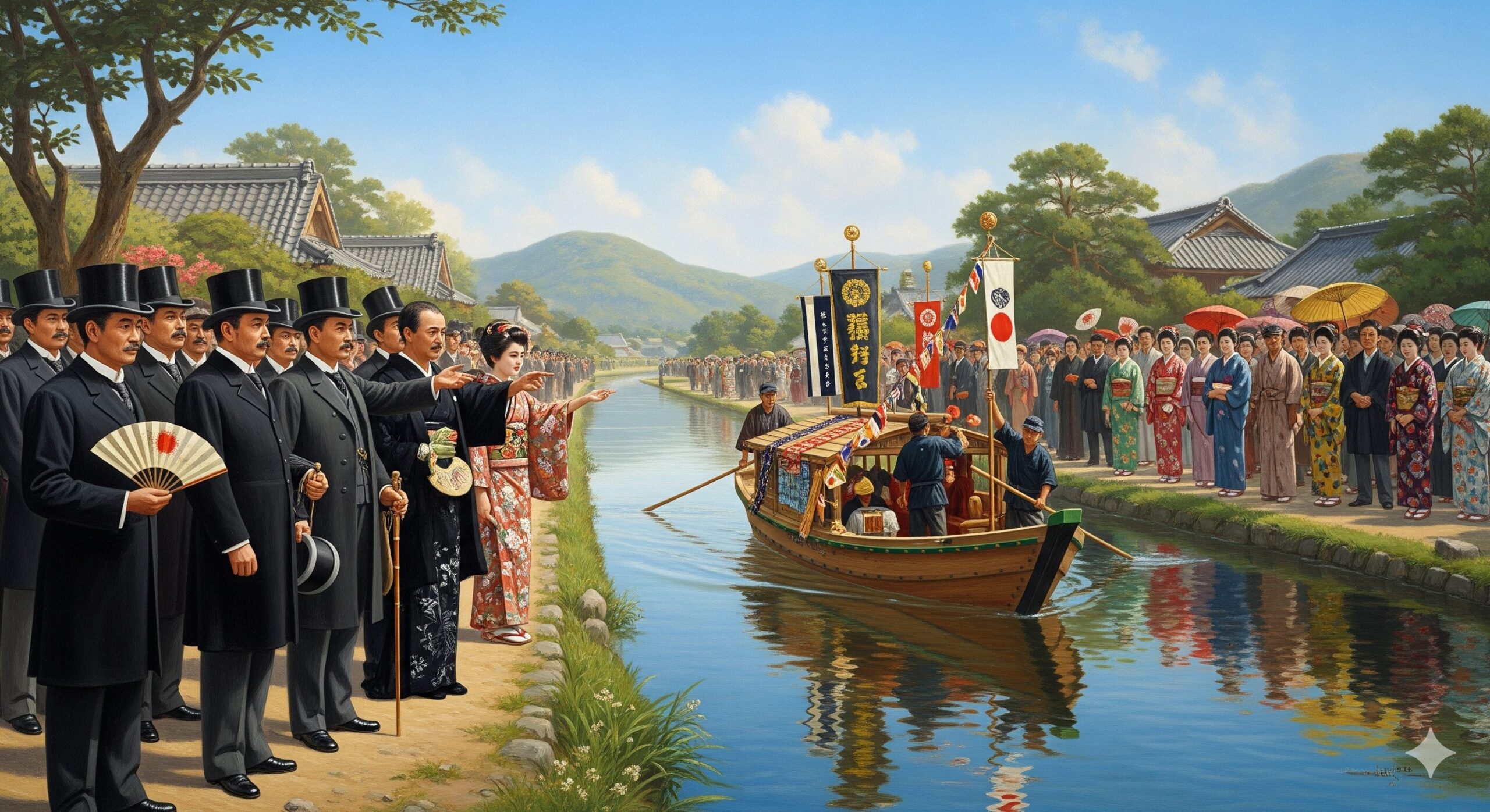 明治時代の琵琶湖疏水開通式の様子。多くの日本人要人や市民が集まり、完成した水路を見守っている。疏水には舟が浮かび、京都の近代化への希望が感じられる。