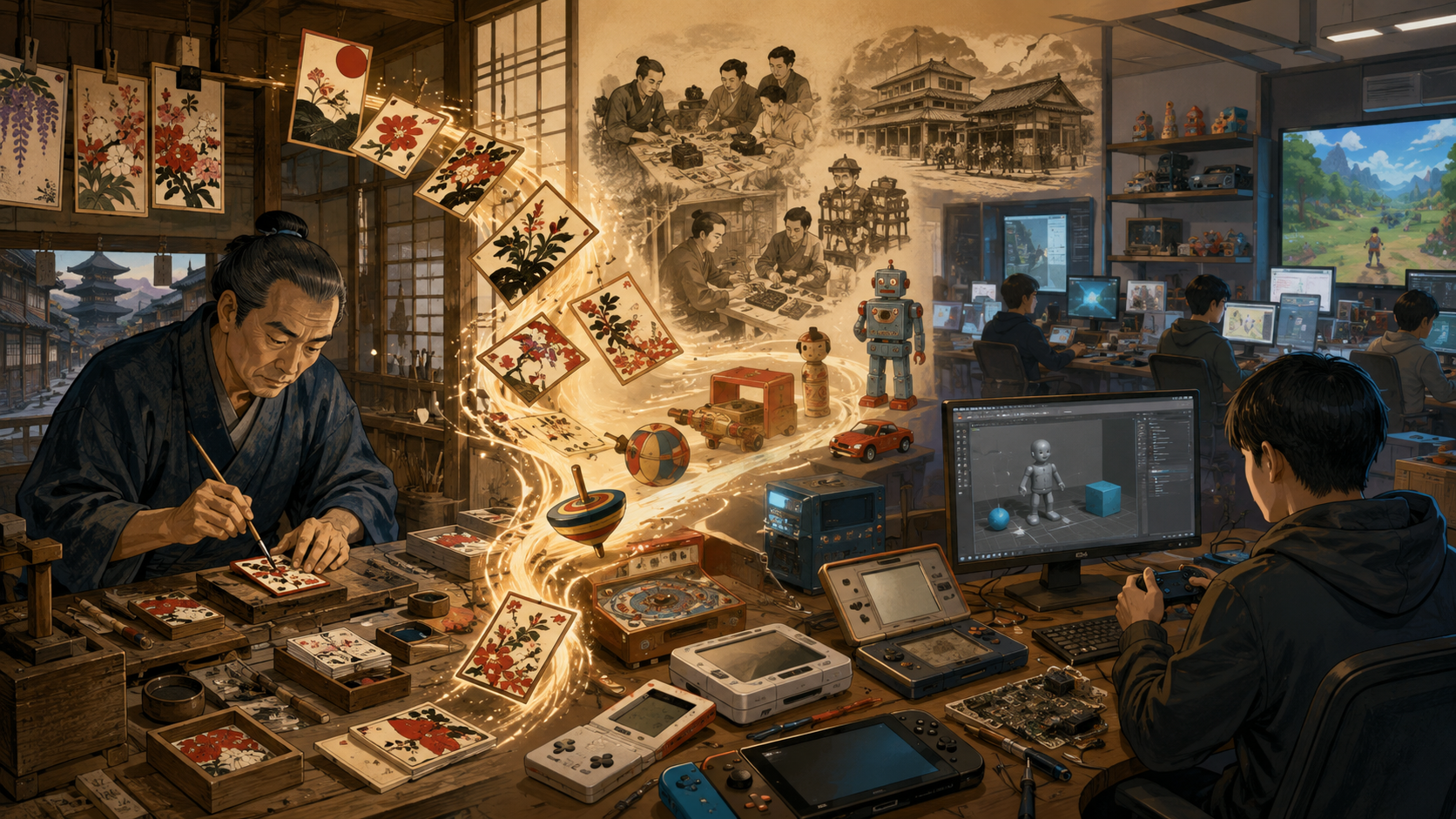 1889年の花札製造から現代のゲーム開発へ続く任天堂の歴史を表現したイメージ