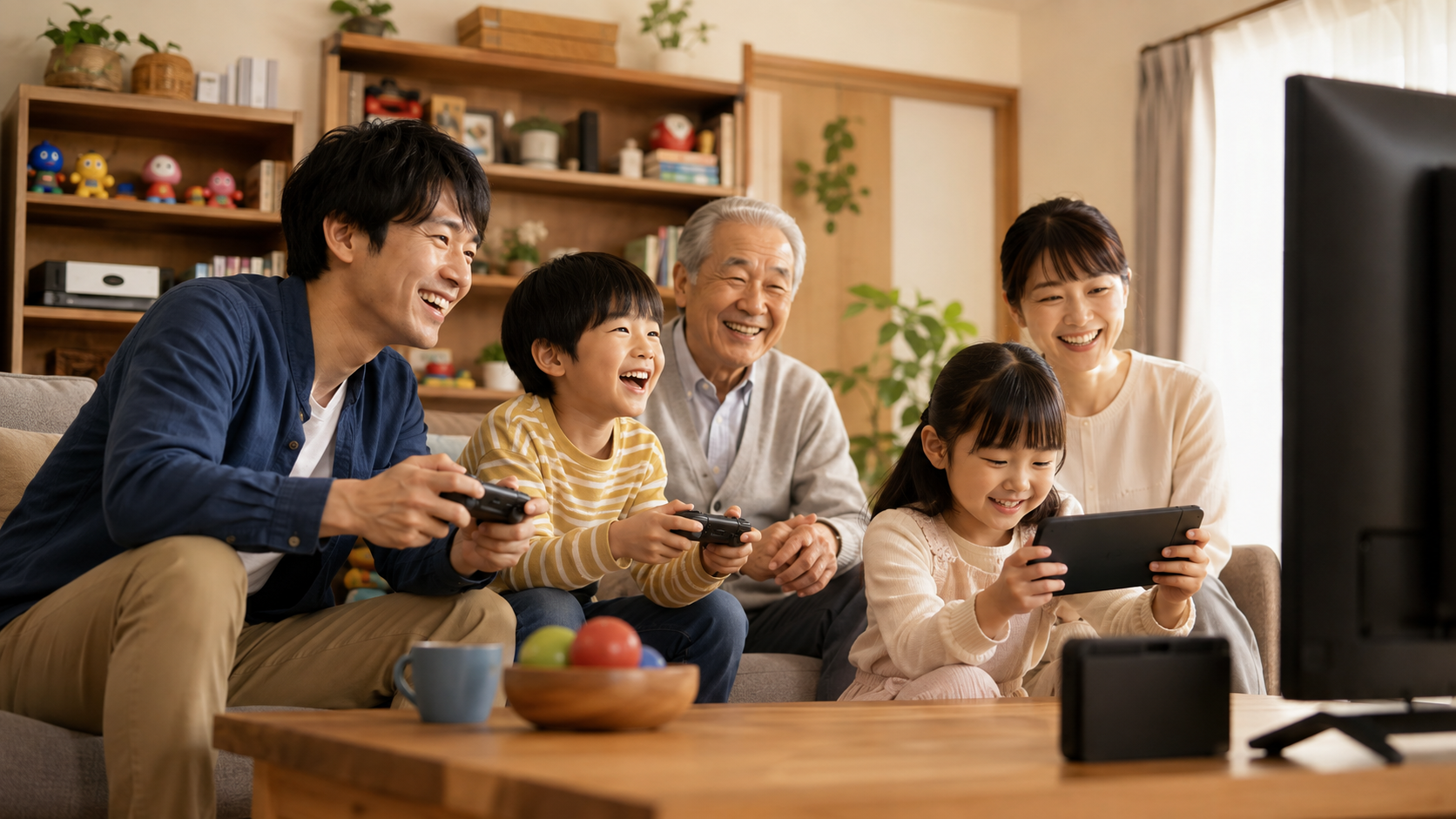 日本人家族が世代を超えてゲームを楽しむ任天堂IPの長期的なファン関係のイメージ