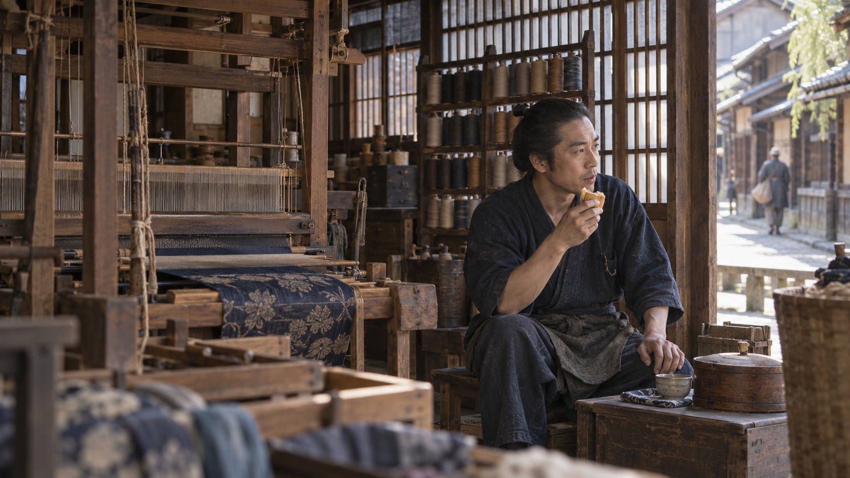 西陣の織物工房で仕事の合間にパンを食べる職人のイメージ