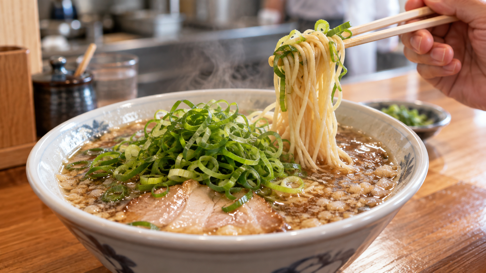 青ねぎをたっぷり盛り付けた京都の背脂醤油ラーメン
