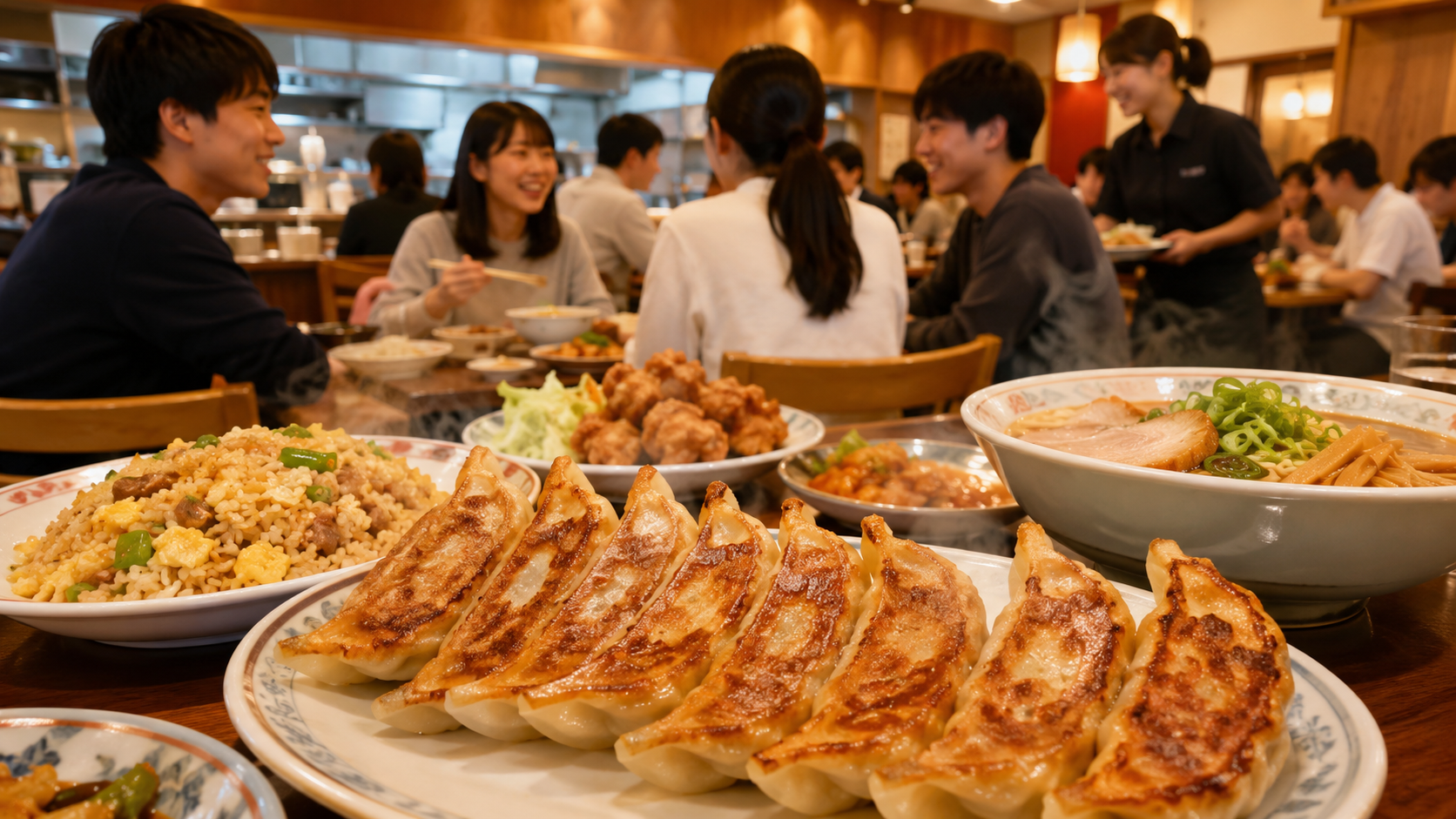 餃子の王将を運営する王将フードサービスの店舗と焼き餃子のイメージ