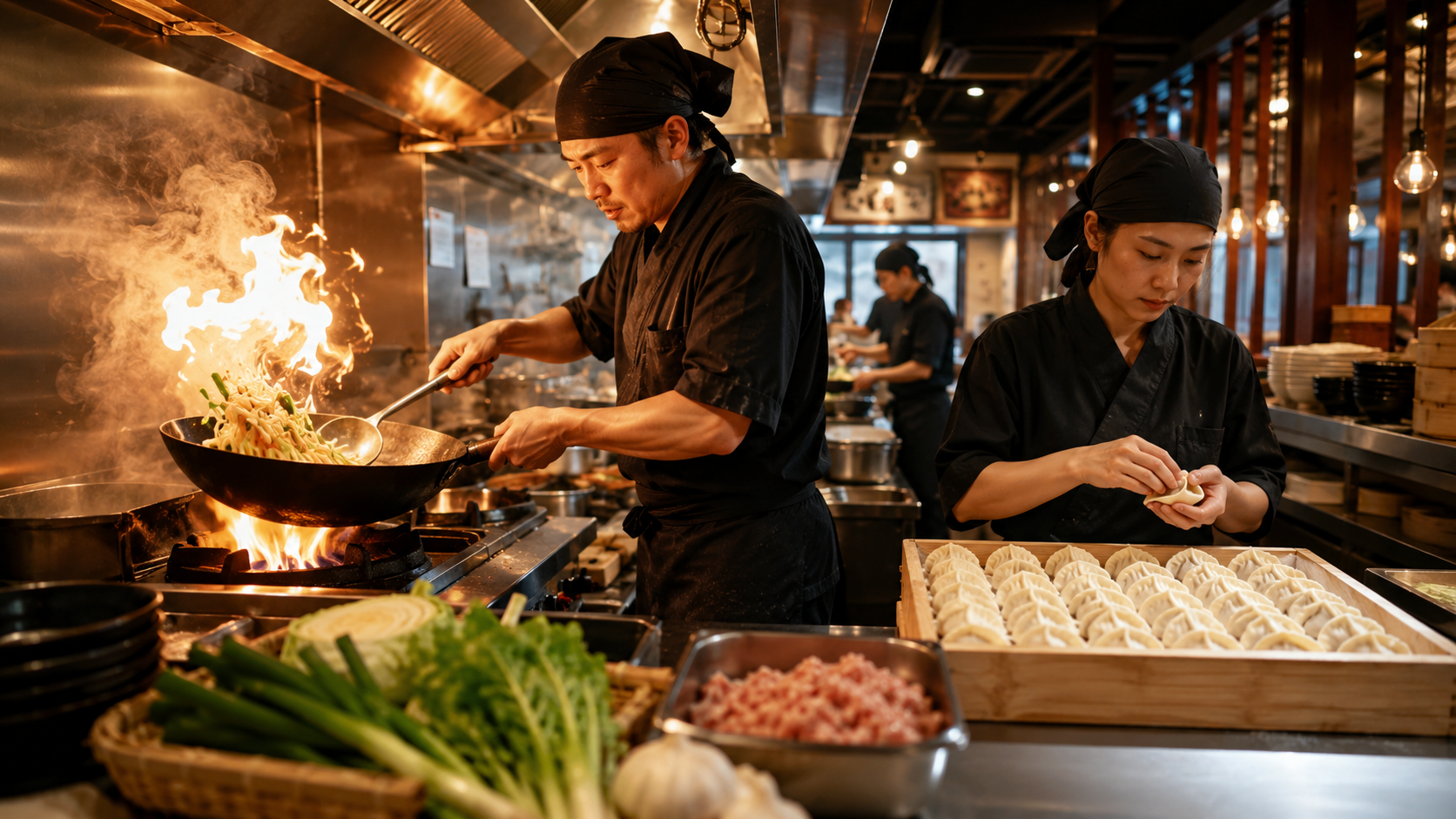 餃子の王将で中華鍋調理と餃子の手作りを行う厨房のイメージ