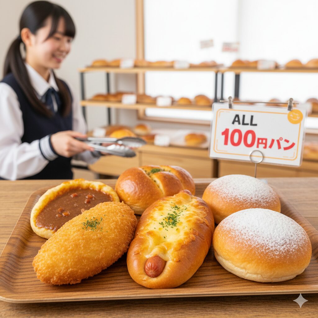 - カレーパンやソーセージロールなど、日本のパン屋で人気の安くてボリュームのある惣菜パンの盛り合わせ。