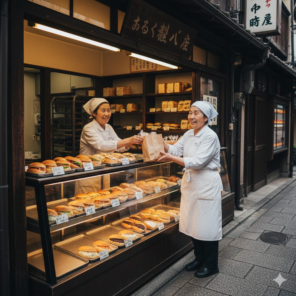 - 京都の路地裏にある、レトロな対面販売スタイルのパン屋で接客をするエプロン姿の日本人女性店員。