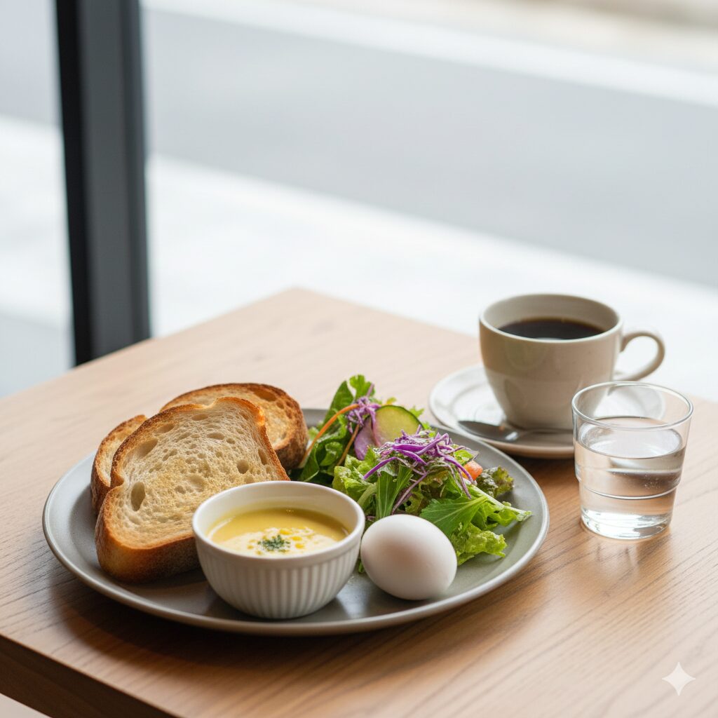 - 京都のカフェで提供される、厚切りトースト、スープ、サラダ、ゆで卵がセットになった贅沢な朝食プレート。