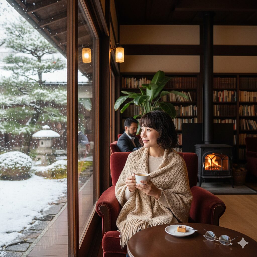 雪が降る冬の京都の窓際で、温かいコーヒーを飲みながら静かな時間を過ごす日本人女性のカフェでの体験。