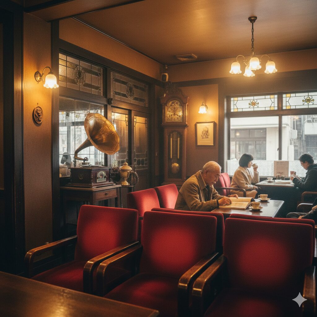 昭和初期の雰囲気が残る京都の歴史ある純喫茶のレトロな内装と、重厚な赤いベロアの椅子。