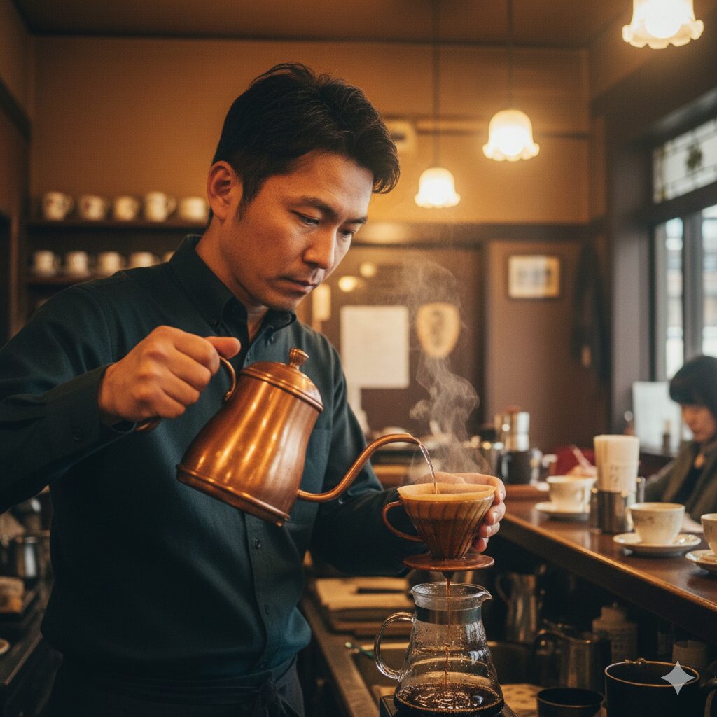 日本の喫茶店で、職人の手によって丁寧にネルドリップでコーヒーが抽出されている様子。