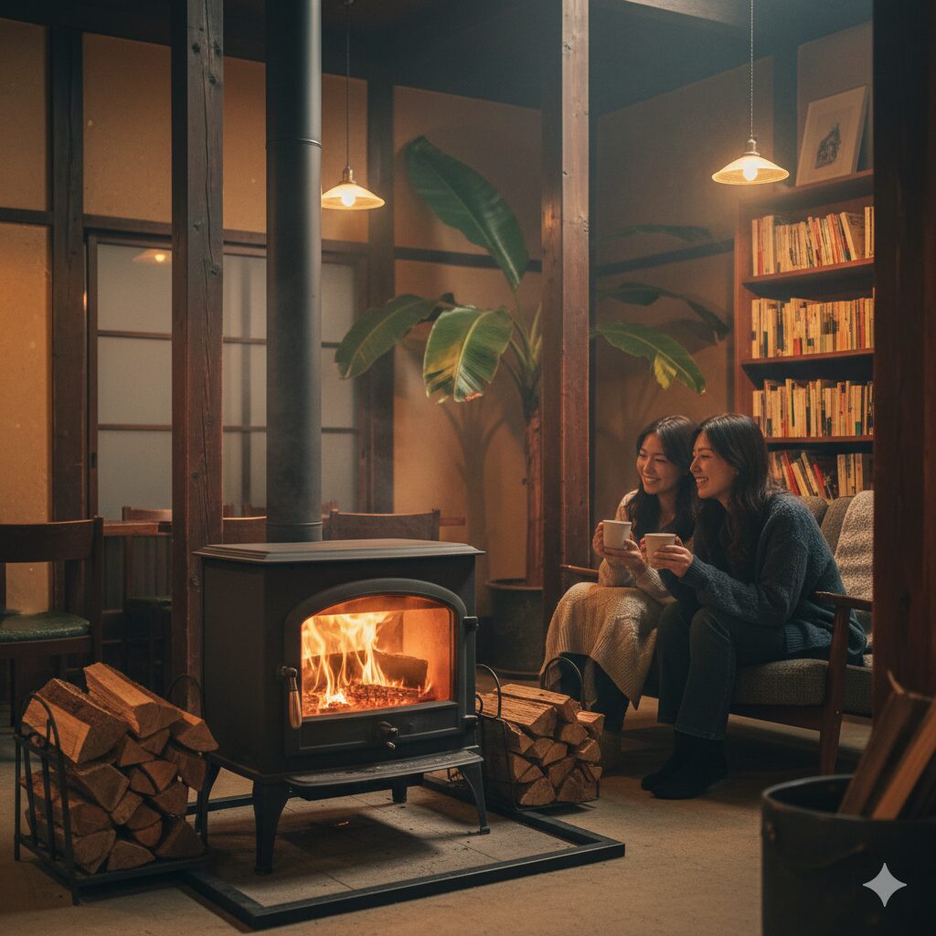 京町家を改装したカフェの店内に設置された薪ストーブと、温かい炎を眺めて安らぐ空間。