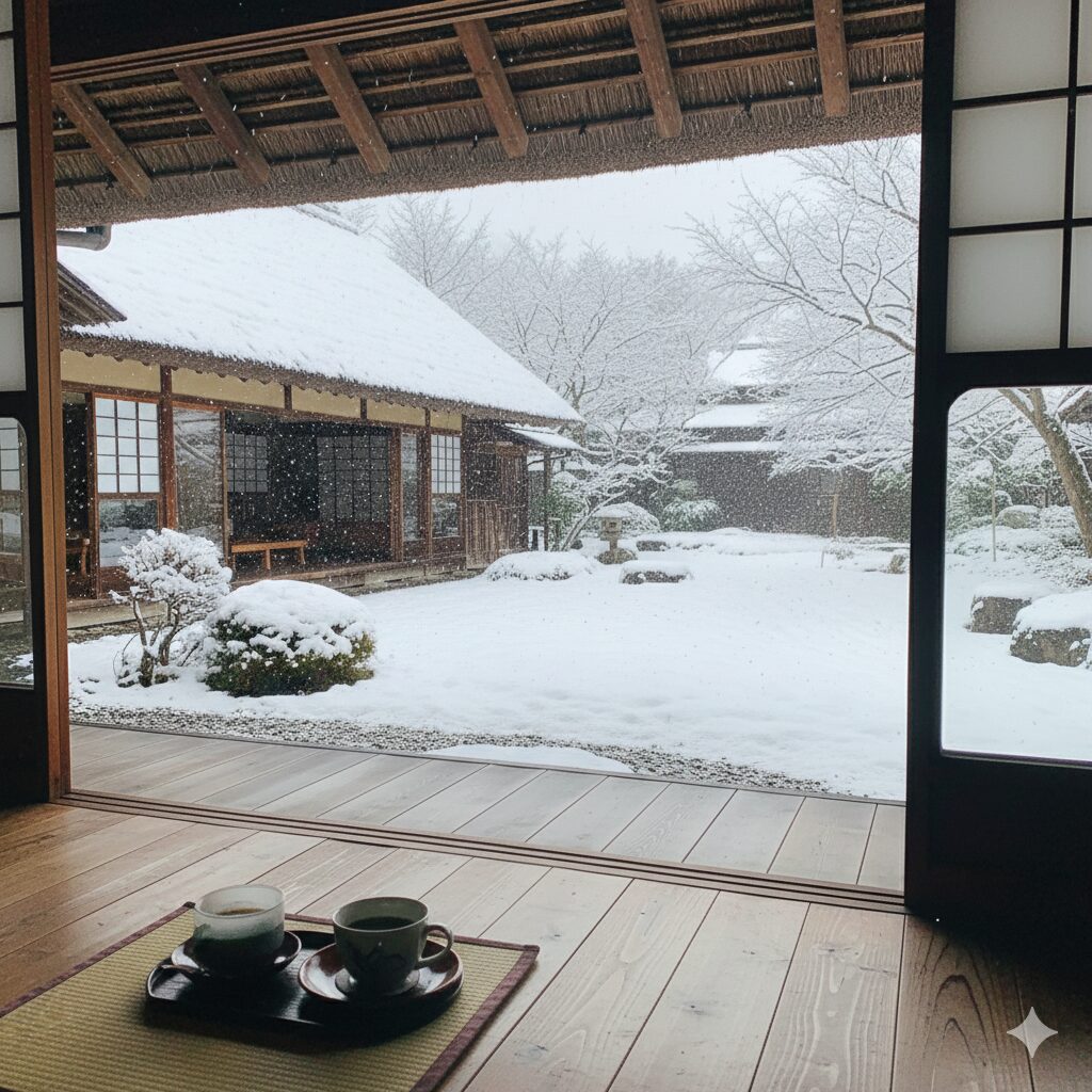 茅葺き屋根の古民家カフェの縁側から、雪化粧をした静謐な日本庭園を眺める贅沢な瞬間。