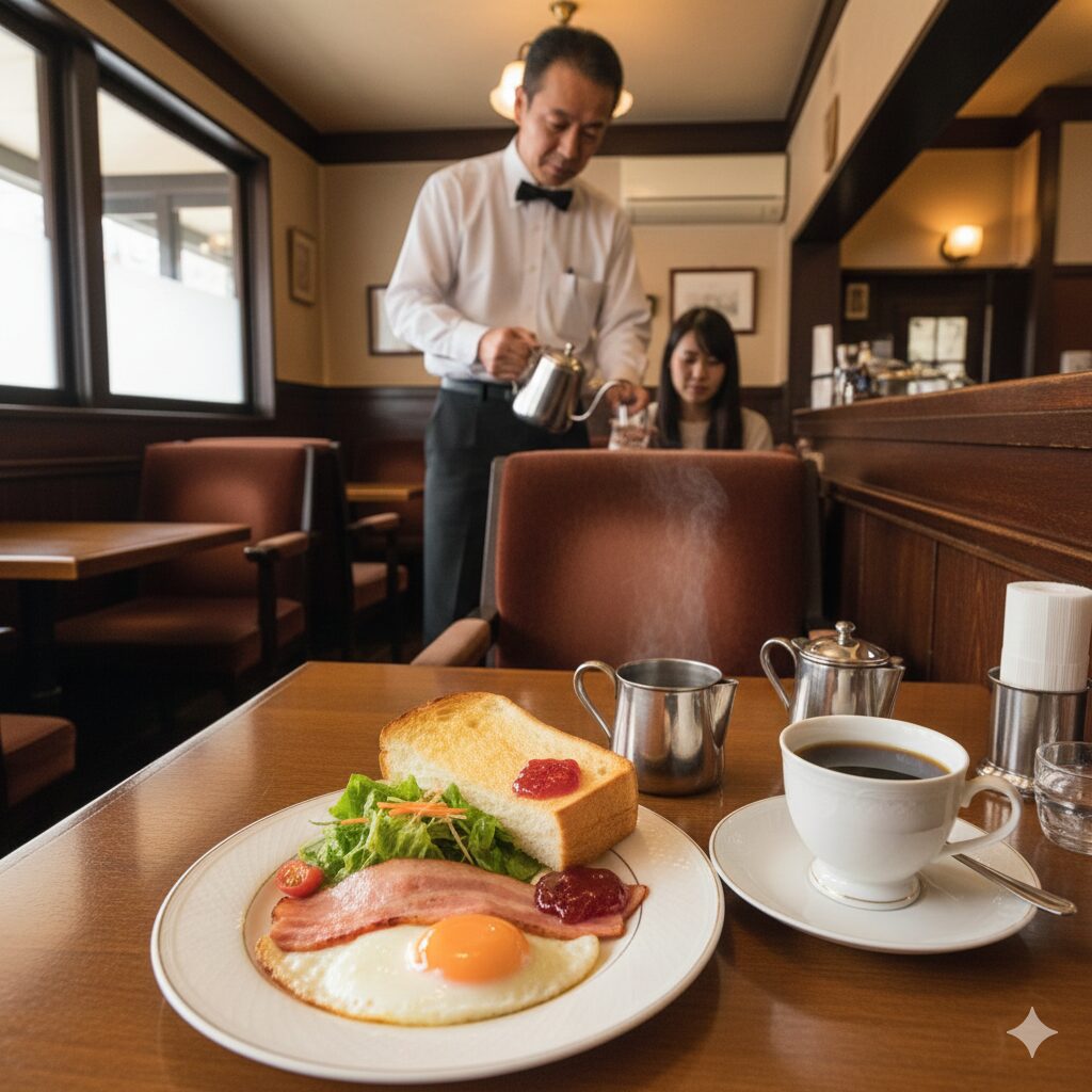 京都の老舗喫茶店で提供されるボリューム満点の「京の朝食」と温かいコーヒー。