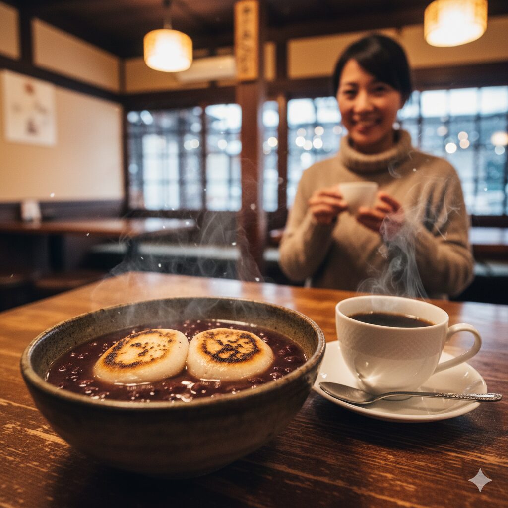 寒い冬の京都で味わう、温かいぜんざい(お餅入り小豆)とコーヒーの意外な組み合わせ。