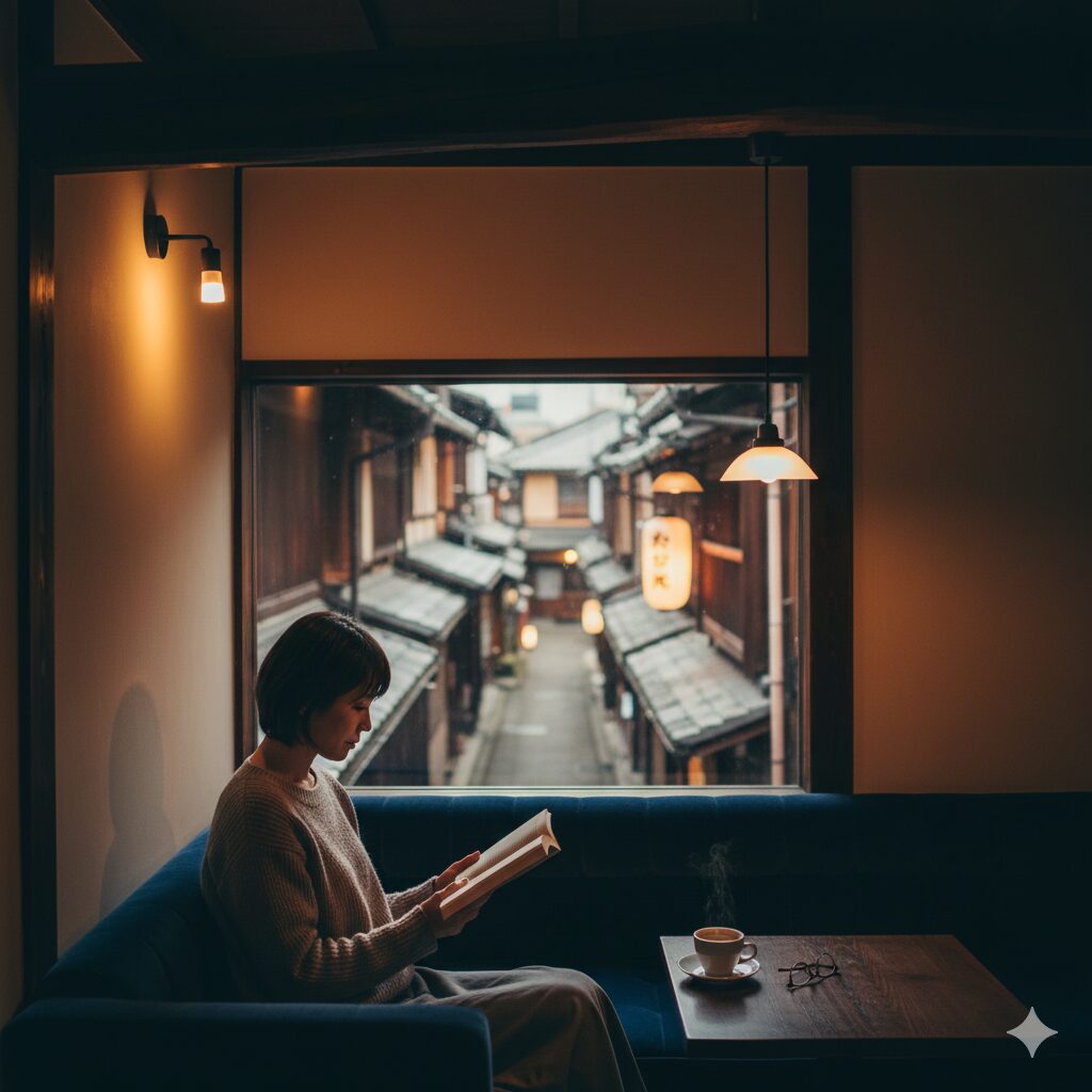 祇園の賑わいから離れた場所にある、静かで落ち着いた大人の隠れ家的な喫茶店の店内。